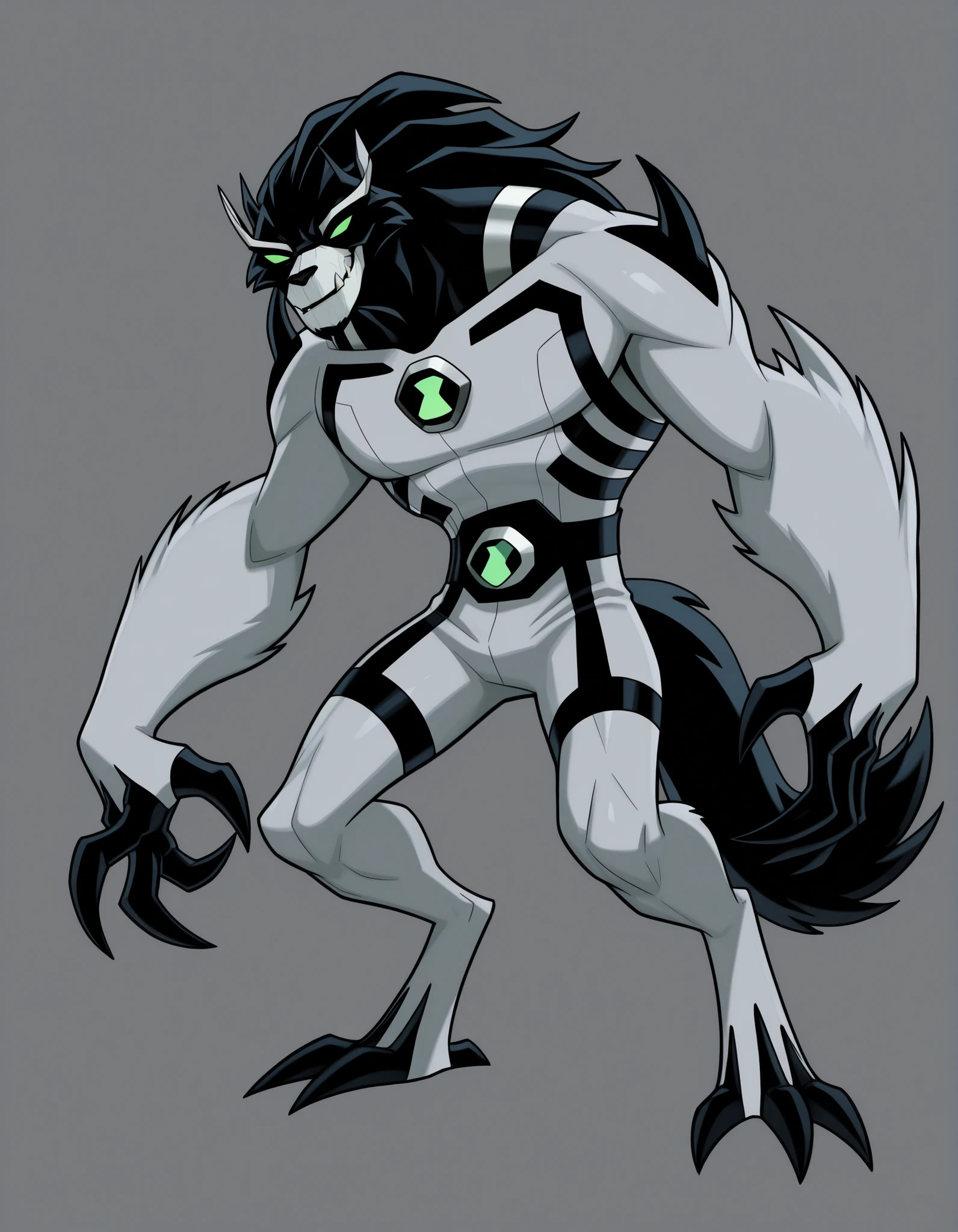((Highest Quality)), ((Simple Light Grey Background)), (My Hero Academia style), standing, (1male), (Male), mature male, mature man, solo, toned body, athletic body, Toned body, slender body, thick body, standing, Full body, inhuman creature, inhuman loboan monster, inhuman loboan monster creature, inhuman monster creature, inhuman loboan form, inhuman loboan monster, inhuman monster form, inhuman form, loboan form, loboan monster, loboan creature, inhuman appoplexian monster, inhuman appoplexian monster creature, inhuman appoplexian form, inhuman appoplexian monster, appoplexian form, appoplexian monster, appoplexian creature, monster form, monster creature, evil grin, evil face, Evil expression, Green eyes, Half-closed eyes, Evil look, fangs, pronounced fangs, lower fangs, tusk, lower tusk, pronounced tusks, claws, sharped claws, claws on hands, claws on feet, sharped fangs, sharped tusk, two-tone fur skin, two-tone fur-skinned male, two-tone fur-skinned, grey and black skin, grey and black skinned, grey and black skinned male, fur skin, fur-skinned, fur-skinned male, two-tone skin, two-tone-skinned, two-tone-skinned male, black strapped pattern skinned arms, black strapped pattern skinned legs, black strapped pattern skinned torso, black strapped pattern skinned head, wide jaws, ((quadruped)), (((fusion between Rath and Blitzwolfer))), ((pronounced one single knuckle black Claw in each hand)), ((Hunched posture)), (long tail), ((fur tail)), ((loboan Tail)), ((loboan Snout)), ((Blitzwolfer snout)),