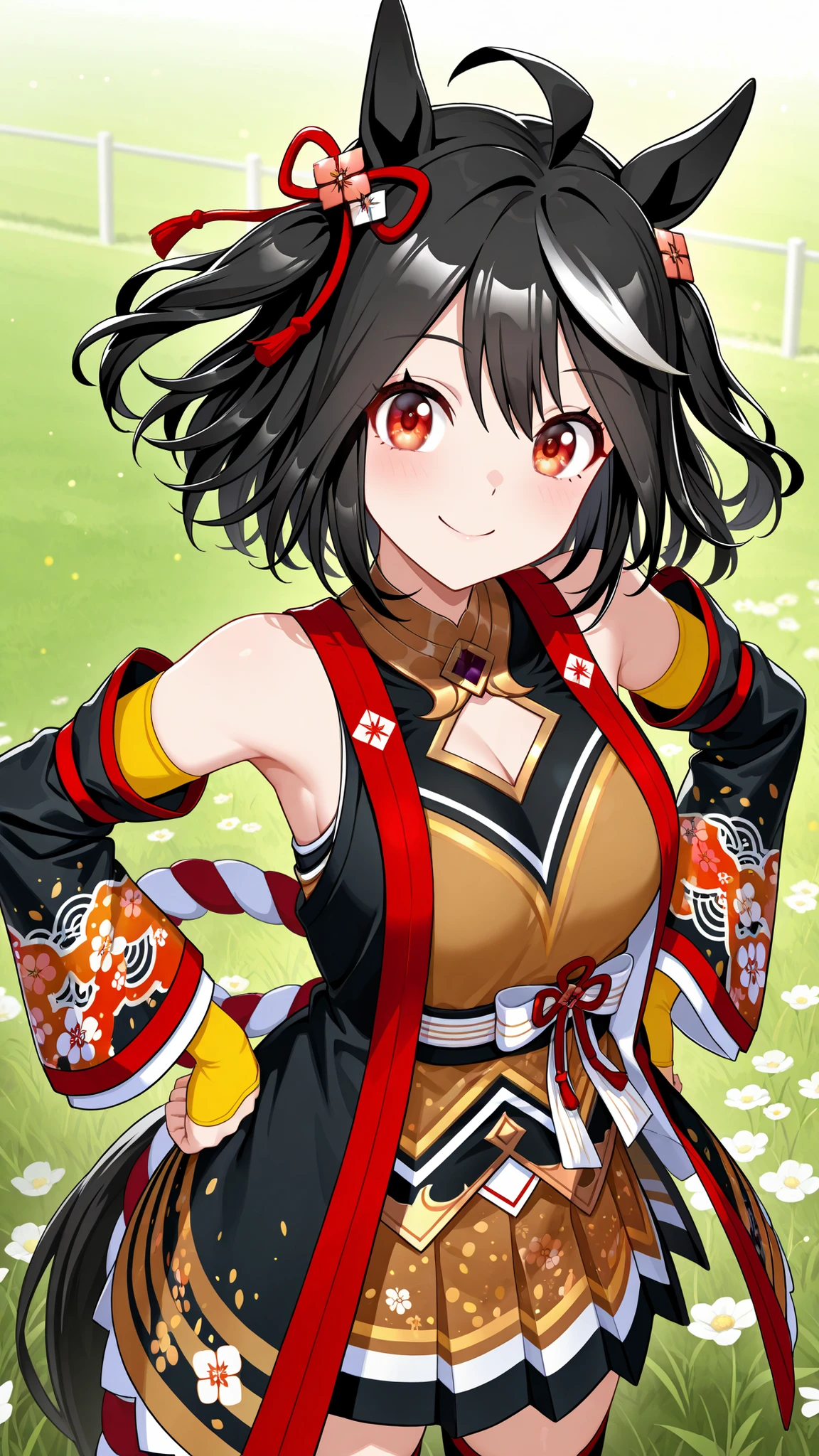 blooms alone, 1 girl, Source Anime, Kitasan Black, short hair, completely black hair, ties two hair, Hair Accessories, , dark red eyes,, Horse ears, has a tail , , put on yellow armbands, Wear black armbands, Wear armband, Stand with your hands bent at your waist, smile, background meadow, close-up, high-angle image