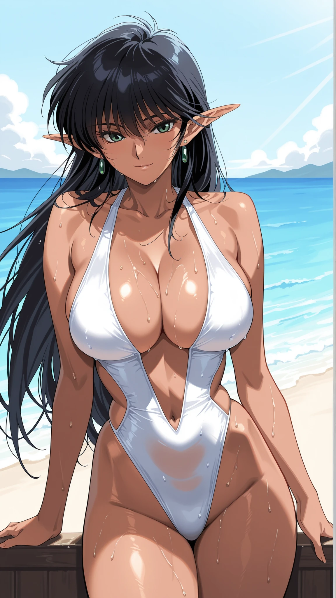 mature female, milf, motherly,arshes_nei, ayukawa madoka,score_9, score_8_ up the side, score_7_ up the side, score_6_ up the side, score_5_ up the side, score_4_ up the side,(cowboy shot:1.4),manga coloring, source manga,light smile,(masterpiece:1.4),solo,Sandy Beach,outdoor,(slender:1.4),slim,(slender waist:1.3),slender face,tsurime,young female,elf, pointy ears, green eyes, black hair, bangs,long straight hair,big hair, ,large breasts, center opening, navel, (dark-skinned female:1.4),shine skin thick thighs,,BASTARD_V1,(messy hair:0.7),, 1girl, pointy ears, collarbone,,, black hair, jewelry, cleavage, earrings, bare shoulders, (white highleg one-piece swimsuit:1.4),wet,(slender:1.4), ,