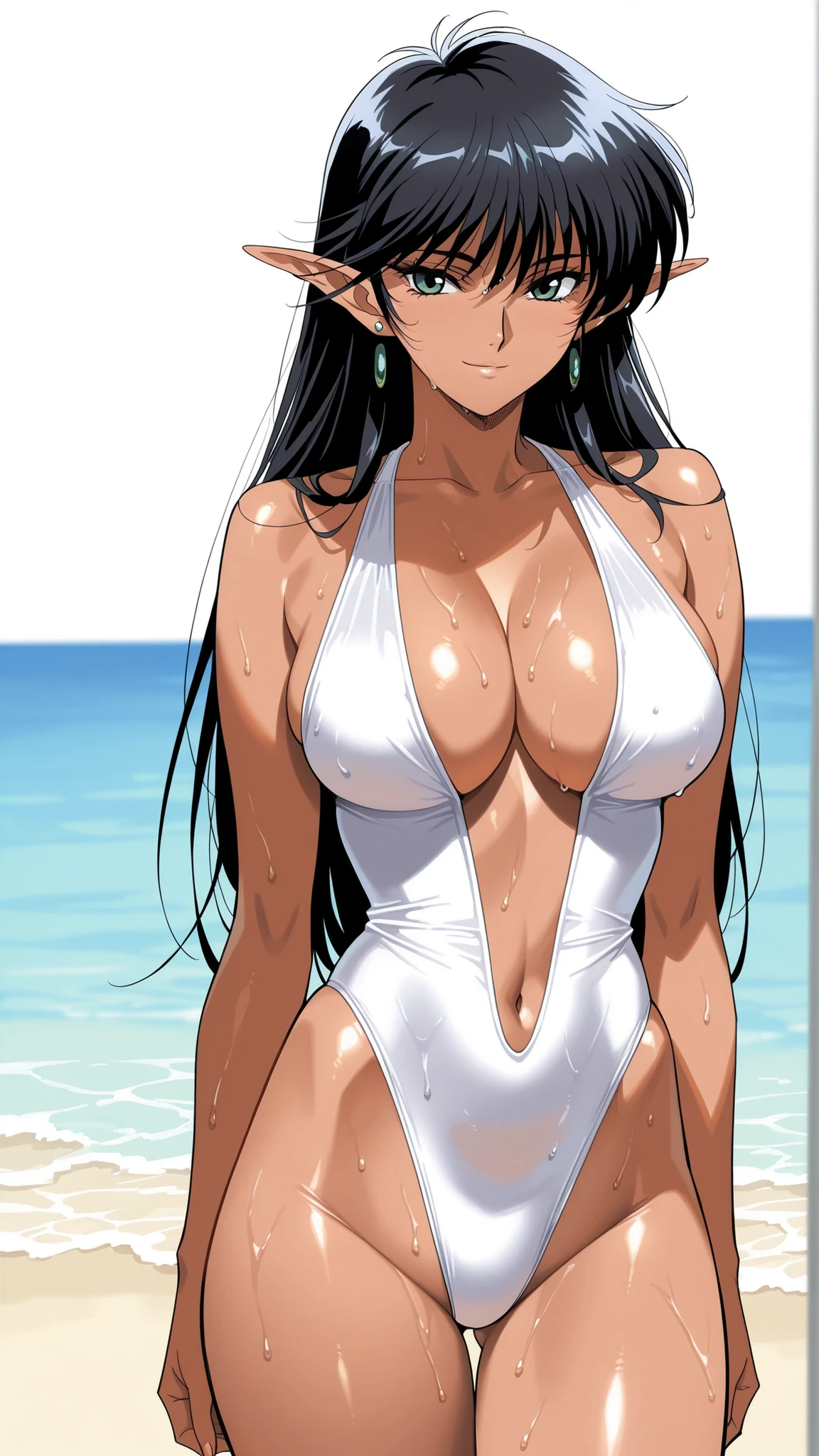 mature female, milf, motherly,arshes_nei, ayukawa madoka,score_9, score_8_ up the side, score_7_ up the side, score_6_ up the side, score_5_ up the side, score_4_ up the side,(cowboy shot:1.4),manga coloring, source manga,light smile,(masterpiece:1.4),solo,Sandy Beach,outdoor,(slender:1.4),slim,(slender waist:1.3),slender face,tsurime,young female,elf, pointy ears, green eyes, black hair, bangs,long straight hair,big hair, ,large breasts, center opening, navel, (dark-skinned female:1.4),shine skin thick thighs,,BASTARD_V1,(messy hair:0.7),, 1girl, pointy ears, collarbone,,, black hair, jewelry, cleavage, earrings, bare shoulders, (white highleg one-piece swimsuit:1.4),wet,(slender:1.4), ,