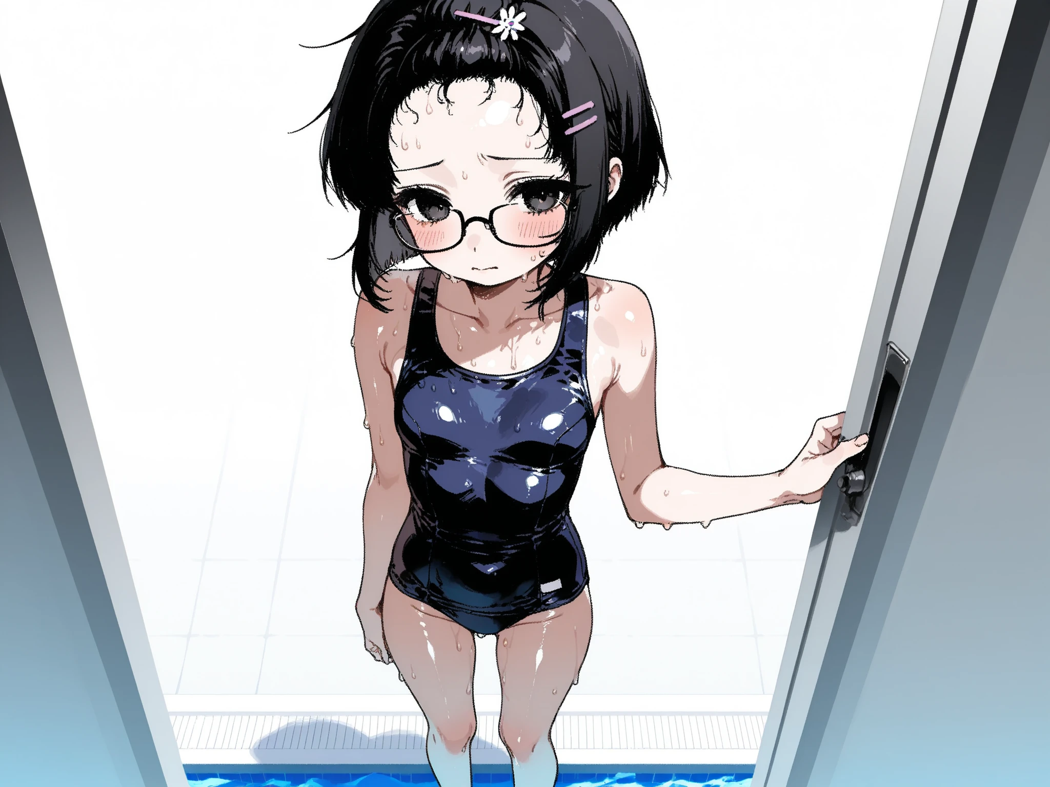score_9 , score_8_up , score_7_up , score_6_up , score_5_up , score_4_up、girl、、black hair、 best quality、sweaty body、Small 、( show me my forehead )、hairpin、black hair、has small breasts、pretty embarrassed face、Viewers' Perspective、Poolside、School Swimsuit((Shiny material))、short bob with unskilled glasses、standing、 looking