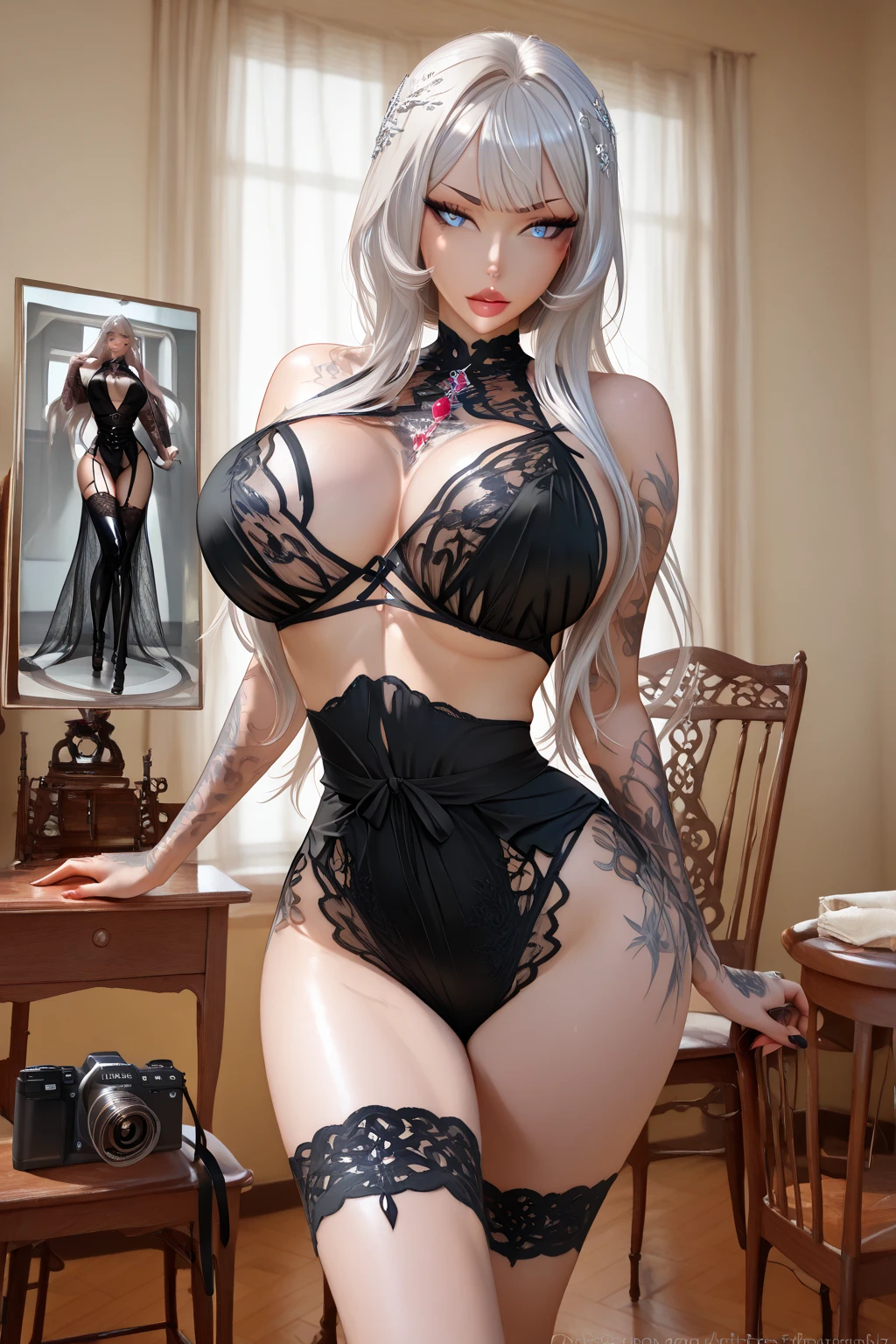 ((Masterpiece, Best Quality:1.3)), ultra detailed, 8k unity wallpapers, CG, ray tracing, illustration, showy, cinematic shadow, extremely detailed and beautiful background,extremely detailed and beautiful eye,hd video, VRay shading,RT, 1, (mature body), ((full body tattoo)),((long black fur)) , blue eyes,gothic makeup, black lipstick, (huge breasts:1.4),(wide waist), ((big ass:1.2)), curvy body,((black  and )),standing, looking at the viewer, in front of the viewer,blush for the whole face,standing in front , cowboy shot, bedroom ,bright, bright light, ultra detailed, scenic, atmospheric, (((tattoo on cleavage)))