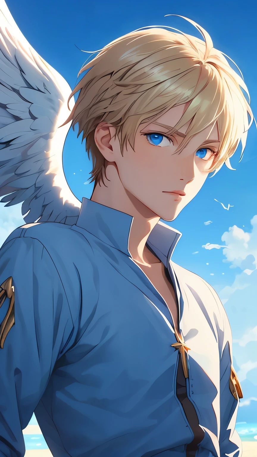 SeaArt Bot Txt2Img Default 01:59:10
(maximum resolution, clearly_image), mejor calidad, Masterpiece, very detailed, semi-realistic, Blond man with short hair, young, blue eyes, swordsman, white angel wings, Prince clothing , , The Middle Ages , Close-up of the body