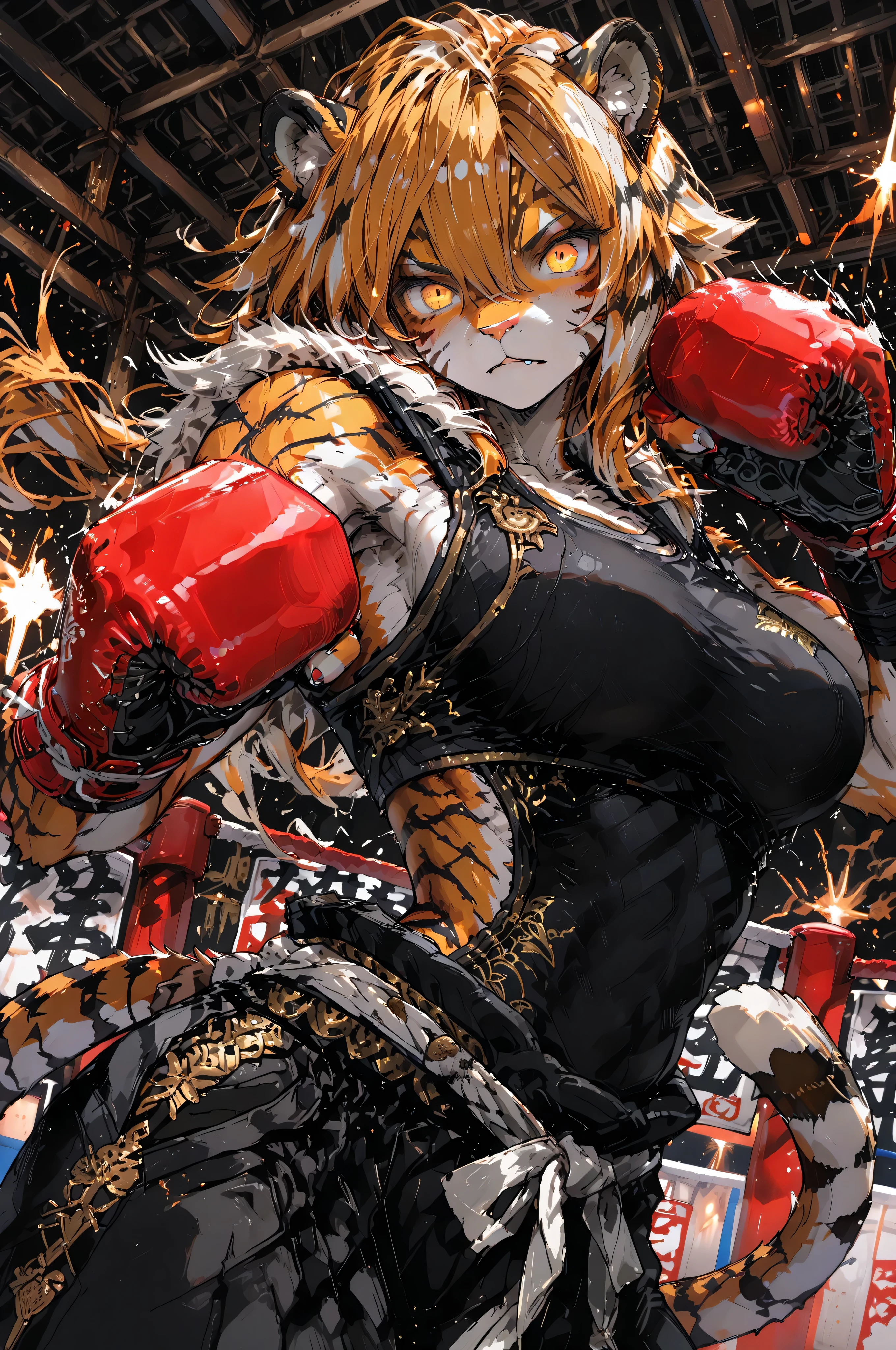 masterpiece, high resolution, detail, very detailed, unity 8k , perfect face, Perfect Eyes, 1girl, supple body、Tiger、Tigerの獣人、Fur、Beast, taill, monk, Boxing、dynamic Action, sumi-e,furry,