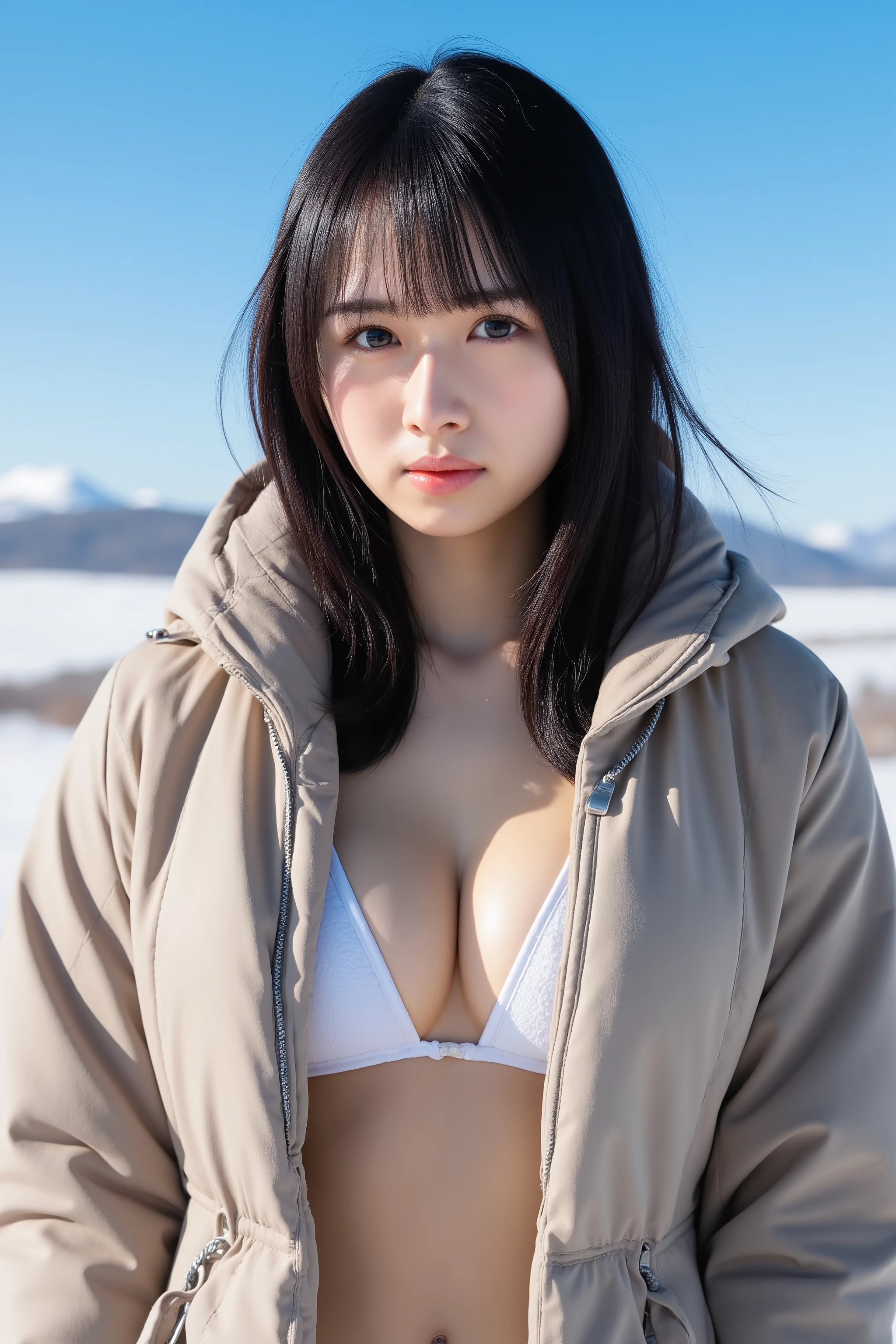 This photo captures a beautiful Japanese woman. (close-up:1.4), 
Her cleavage is visible through her down coat, which is open at the chest.
The image is very high resolution, with clear skin texture.
The focus is very sharp and focused on her face.
This is an ultra-high resolution image.
Her facial expression is sexy. white micro bikini,
She is facing forward. Face straight ahead. 
She has shiny black hair. 
Her skin is beautiful, fair, fine-grained, and even.
Her breasts are large and firm. blue sky, snow field,
realistic shadow, A little exposure compensation to reduce the brightness, 