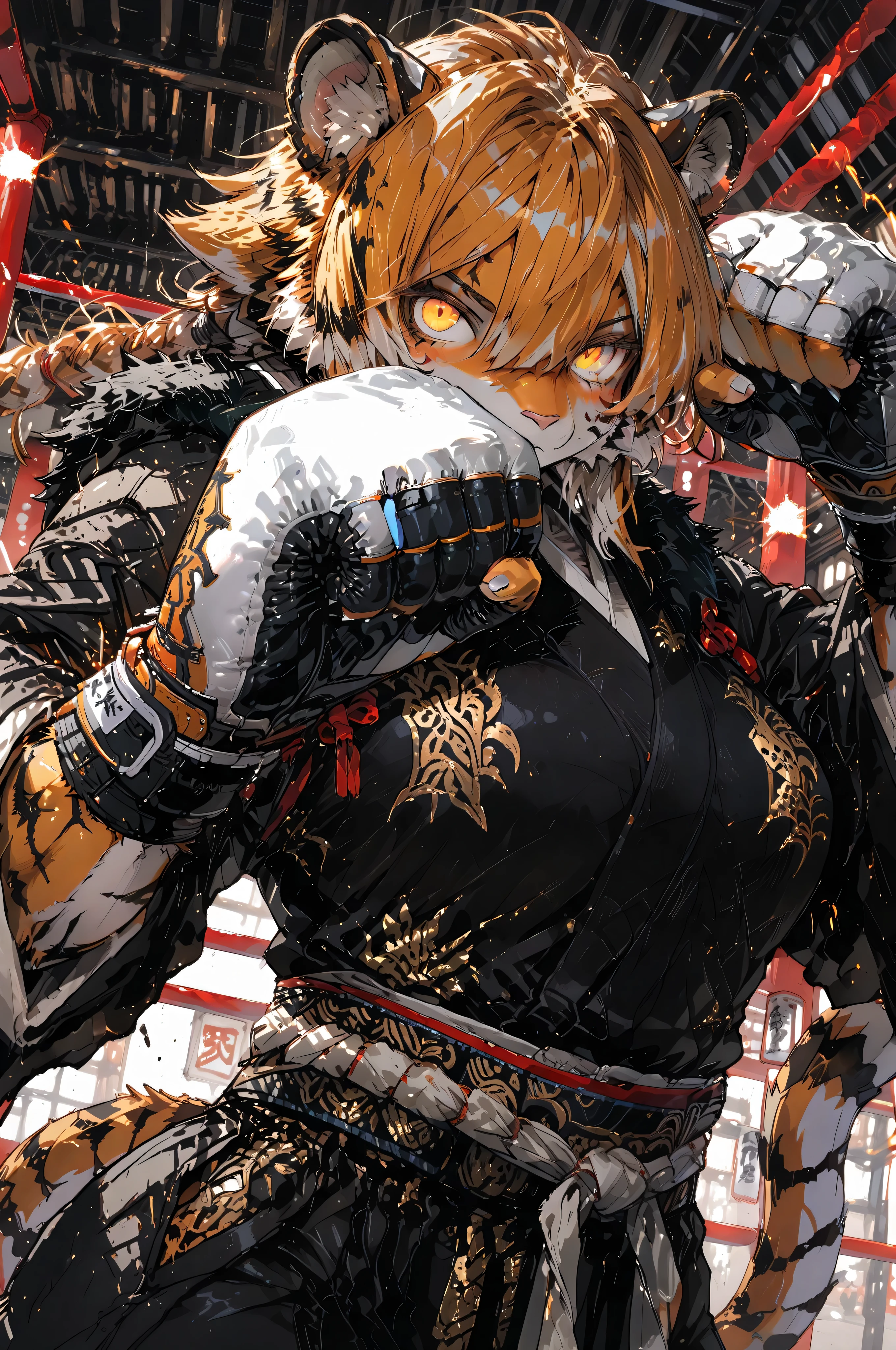 masterpiece, high resolution, detail, very detailed, unity 8k , perfect face, Perfect Eyes, 1girl, supple body、Tiger、Tigerの獣人、Fur、Beast, taill, monk, Boxing、dynamic Action, sumi-e,furry,