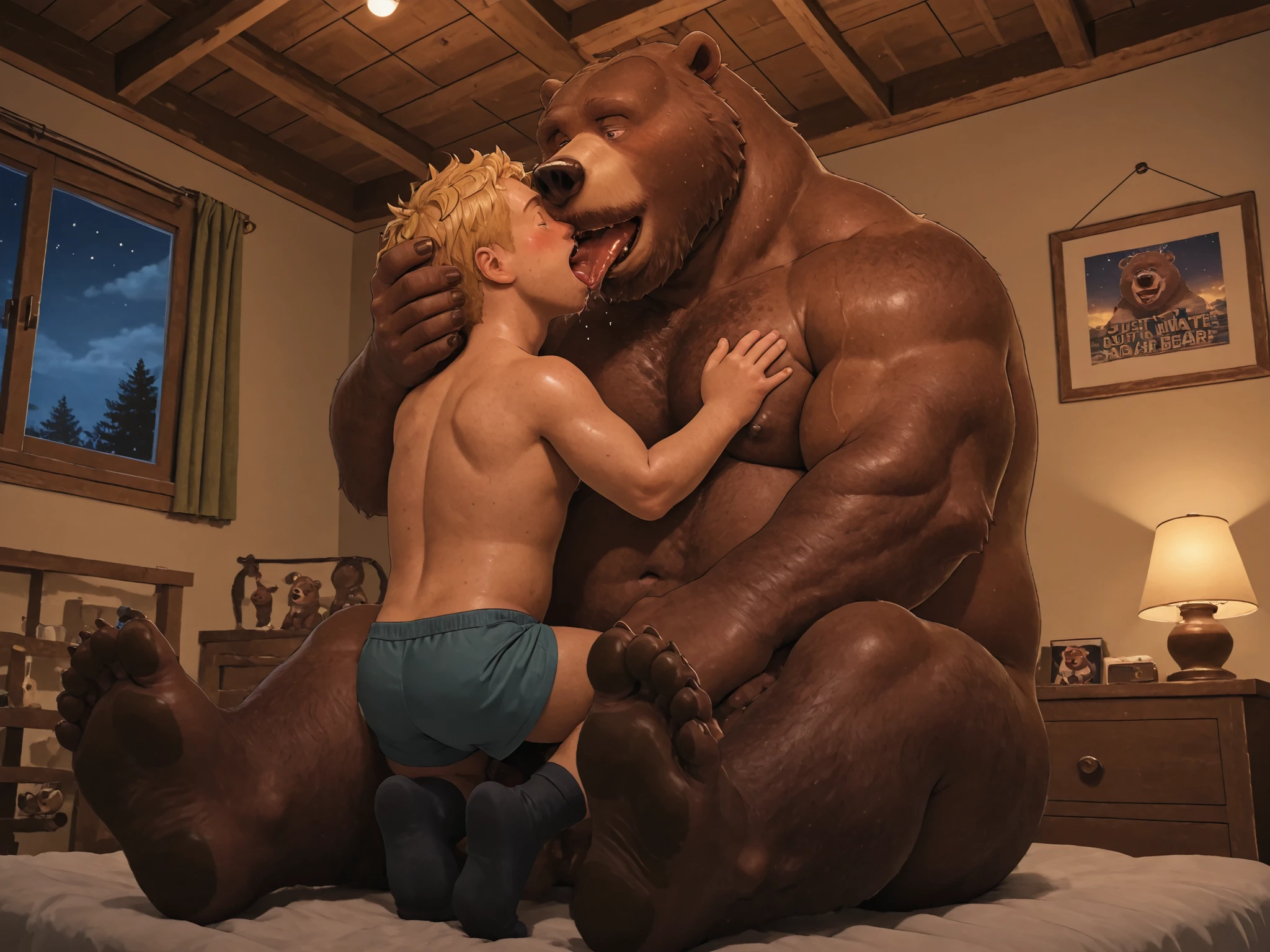 (Young and handsome blond human with green eyes), ( hairy brown bear with blue eyes), in the bedroom, Time of Night , moonlight, lights off, effeminate boy, sudoroso, blushing, Just a boy and a big bear, big muscular pectorals, chubby, two people, naked, wet and unkempt, threads of saliva, out of breath, drooling, kissing, size difference, angled view, visible penis , kissing , full body in sight, soles of his feet in sight, riding socks, ( bear with a thick beard and a thick mustache ) yellow beard, yellow hair with a black gradient, arms of the bear with yellow hairs, 3D image, One foot has no socks ( Too realistic image) ( bear sticks its entire tongue in the young man's mouth ) bear with a thick tongue ( Bear with huge beard ) tall bear