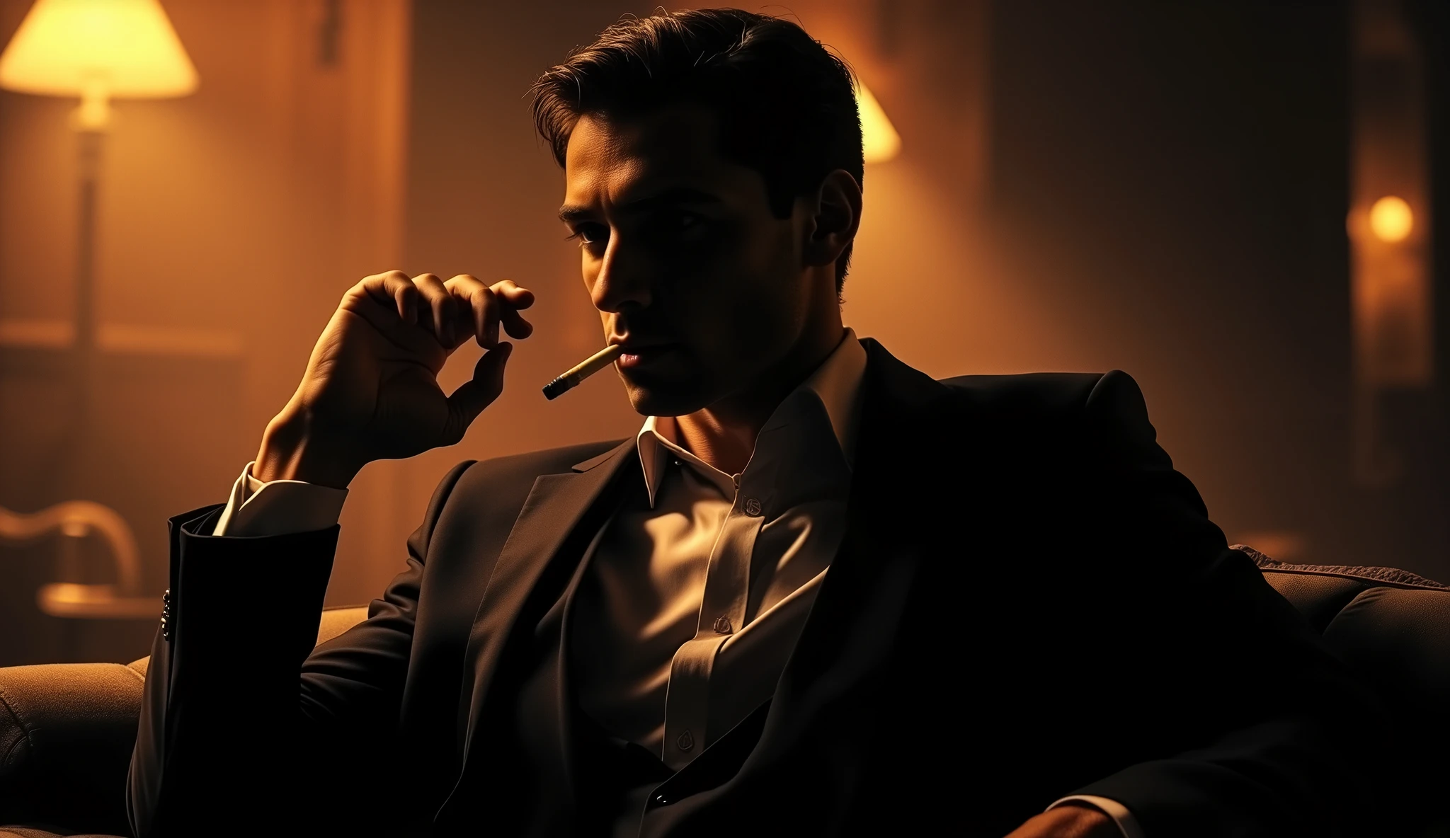 Silhouette of a man in a suit smoking a cigarette, Glasses, Jazz atmosphere,　holding a cigarette in your mouth, The generated image、bring it closer to what looks good in graphic or brochure material, Super elaborate fingers ,　Superb hands,