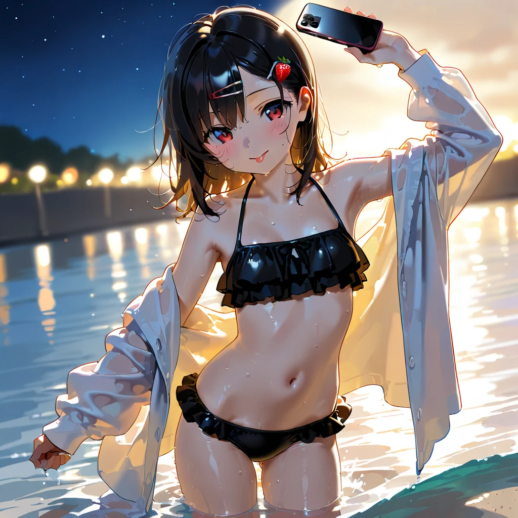 <lora:An25-003oc-EEE_noob_v1.0a1-000210:1>, <lora:nyalia:0.8>, nyalia, 
1girl, solo, EEE, x hair ornament, medium hair, dark blue hair, small , 
leaning forward, smile, blush, open mouth, cleavage, navel, collarbone, thigh strap, thighs, white , string , halo, bead bracelet, beach umbrella, wet, sunset, evening, ocean, outdoors, cloudy sky, orange sky, 
best quality, amazing quality, very aesthetic, absurdres, beast quality, masterpiece