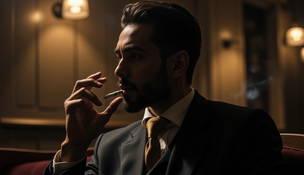a man sitting at the bar, talking to the bartender, smoking a cigarette, elegant bar interior, warm lighting, detailed face and expression, High quality photorealistic, cinematographic composition, intricate details, chiaroscuro lighting, moody atmosphere, muted color palette