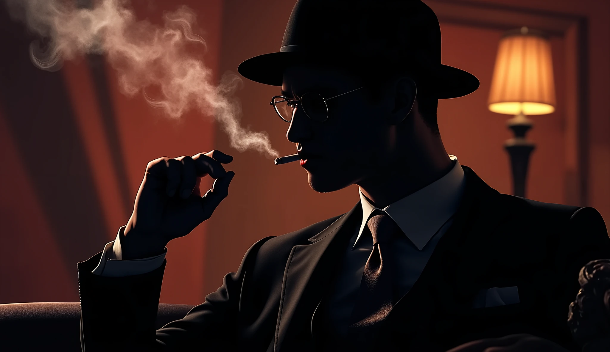 Silhouette of a man in a suit smoking a cigarette, Glasses, Jazz atmosphere, holding a cigarette in your mouth, The generated image、bring it closer to what looks good in graphic or brochure material, Super elaborate fingers , Superb hands,