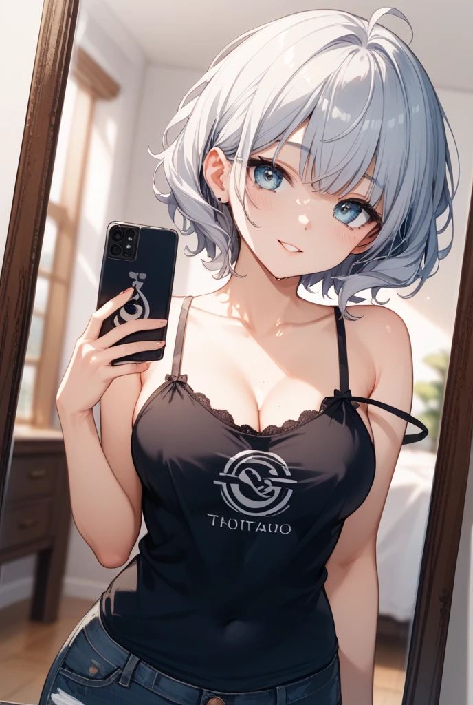 (masterpiece, best quality:1.5), (ultra detailed, high resolution, 8k, beautiful detailed, UHD, best ), 1 cute girl, white hair, medium breasts, Taking a selfie in front of a full-length mirror, crop top