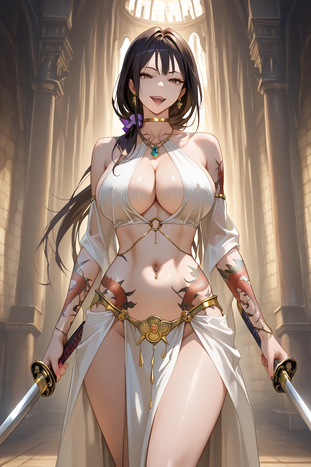An adult tall woman, a war goddess, black hair with gray streaks, high ponytail, purple eyes, dragon horns and tail, divine light, muscular physique, white divine clothes, indifferent gaze