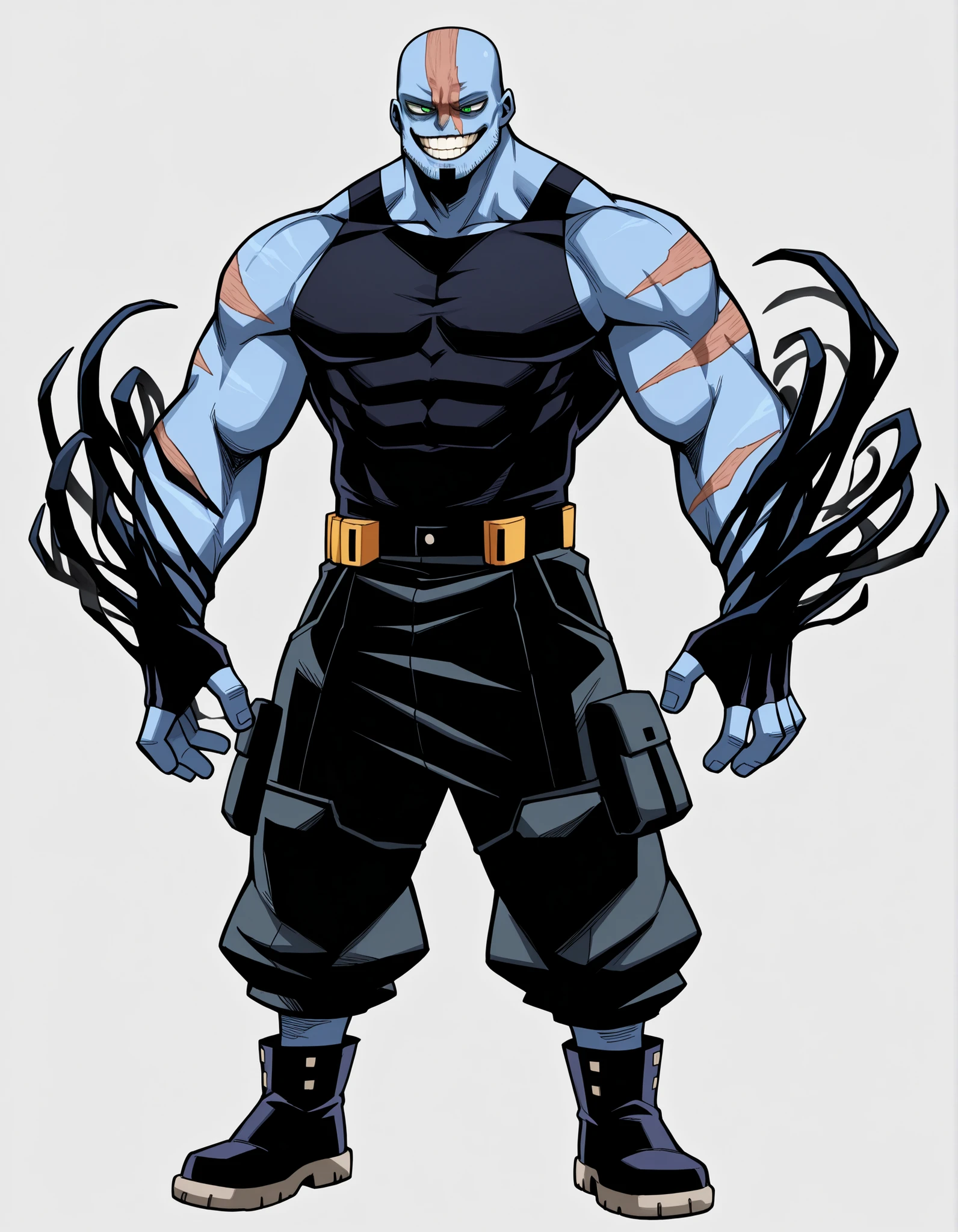 ((Highest Quality)), ((Simple Light Grey Background)), (My Hero Academia style), standing, (1male), (Male), mature male, mature man, solo, muscular body, athletic body, Toned body, thick body, standing, Full body, inhuman creature, inhuman tetramand monster, inhuman tetramand monster creature, inhuman monster creature, inhuman tetramand form, inhuman tetramand monster, inhuman monster form, inhuman form, tetramand form, tetramand monster, tetramand creature, evil grin, evil face, Evil expression, ((four eyes)), Green eyes, Half-closed eyes, Evil look, Blue skin, Blue-skinned, Blue-skinned male, wide jaws, ((scar on the left side of the face)), ((scar on the left eye)), ((scar on left side face)), (Sleeveless black shirt), (loose black cargo pants tucked in boots), (black leather ankle boots), covered legs, covered feet, footwear, ((Bald)), ((four eyes)),