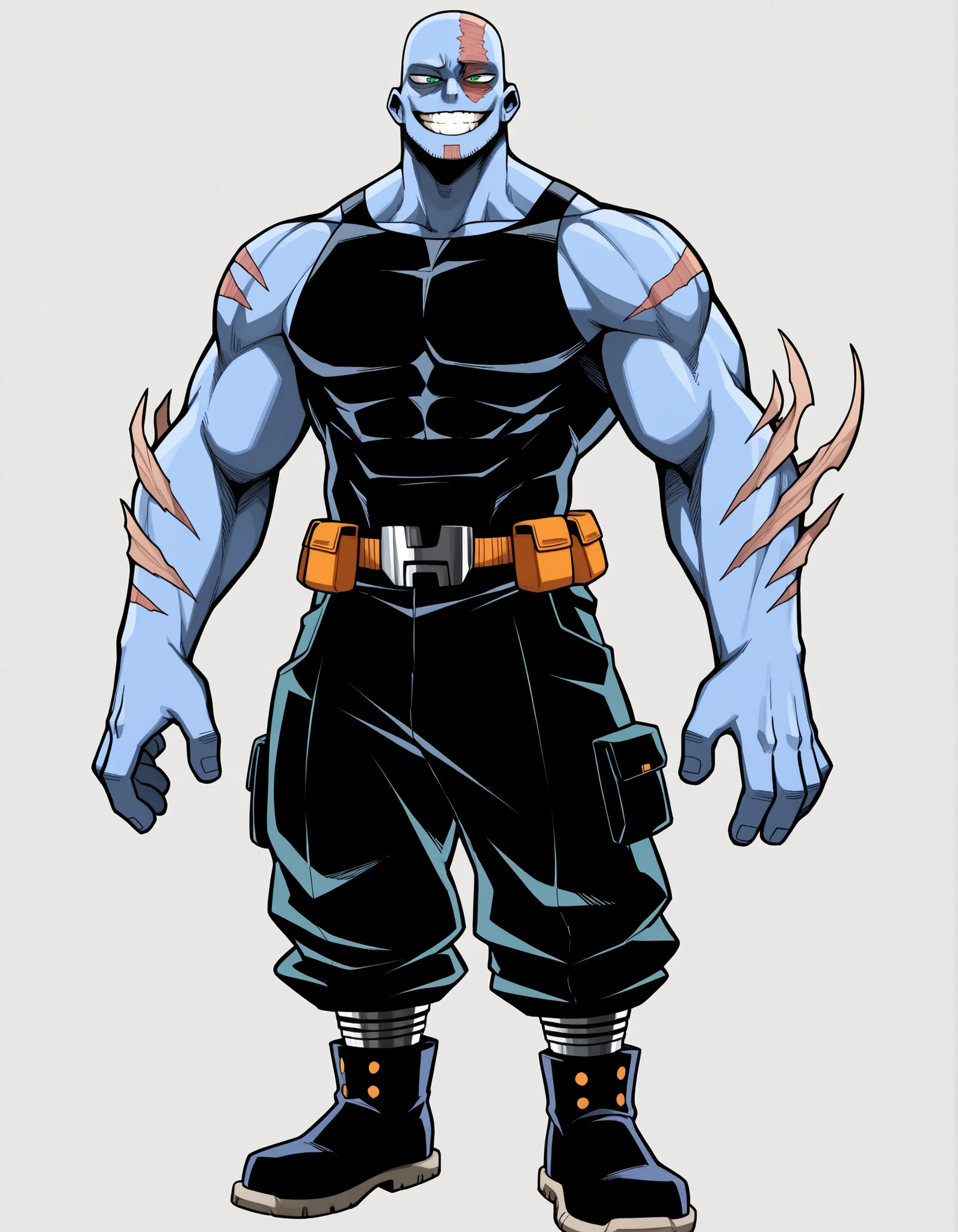 ((Highest Quality)), ((Simple Light Grey Background)), (My Hero Academia style), standing, (1male), (Male), mature male, mature man, solo, muscular body, athletic body, Toned body, thick body, standing, Full body, inhuman creature, inhuman tetramand monster, inhuman tetramand monster creature, inhuman monster creature, inhuman tetramand form, inhuman tetramand monster, inhuman monster form, inhuman form, tetramand form, tetramand monster, tetramand creature, evil grin, evil face, Evil expression, ((four eyes)), Green eyes, Half-closed eyes, Evil look, Blue skin, Blue-skinned, Blue-skinned male, wide jaws, ((scar on the left side of the face)), ((scar on the left eye)), ((scar on left side face)), (Sleeveless black shirt), (loose black cargo pants tucked in boots), (black leather ankle boots), covered legs, covered feet, footwear, ((Bald)), ((four eyes)),