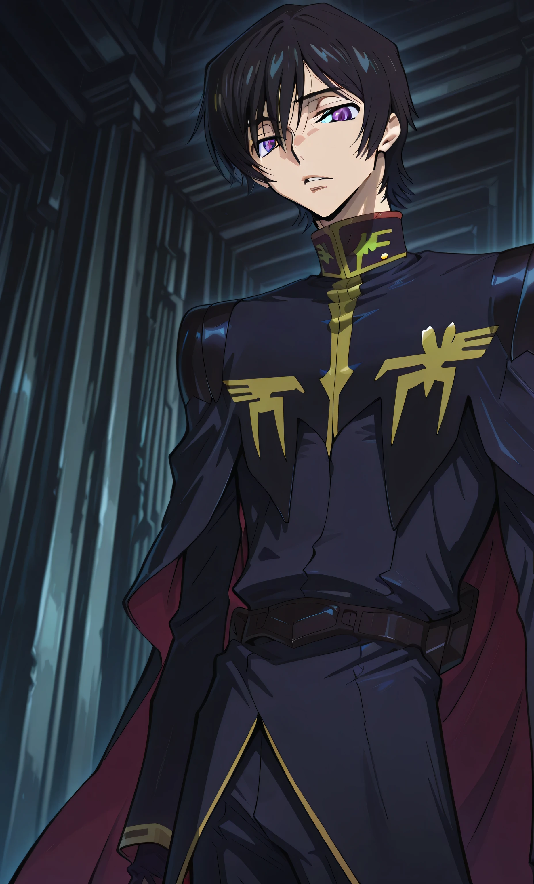 1male, solo, Lelouch Lamperouge, black hair, short hair, purple eyes, black military-uniform, Gundam GQuuuuuuXジークアクス character