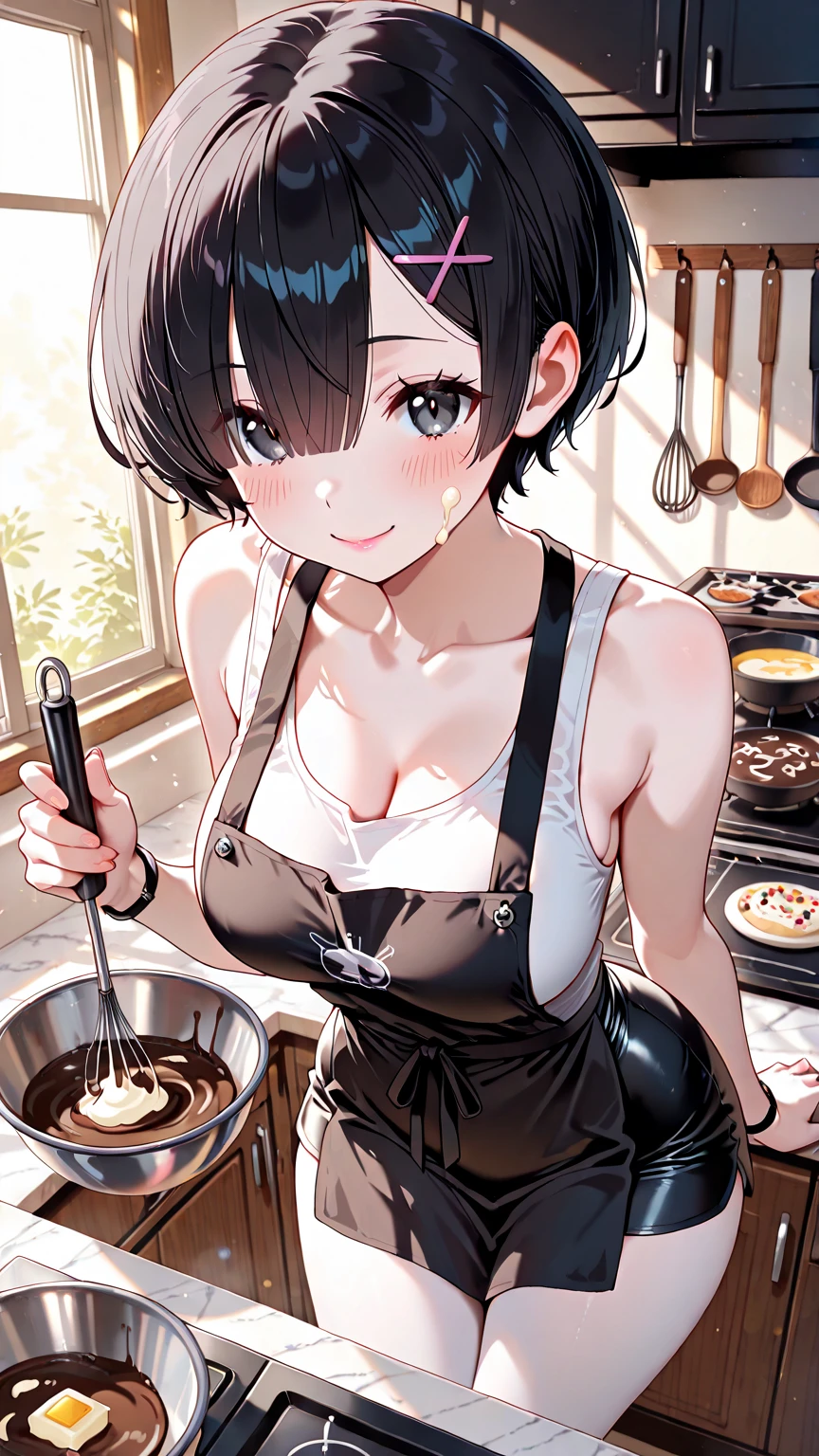 (small breasts:1.3), (perky chest:1.1), (pointed chest:1.0), (fashion magazine cover:1.3)，(from below:1.0),(from side:0.9),masterpiece, 1girl, Amazing Cleavage:1.1, thin waist, big ass, Raised sexy, small breast: 1.3, posed cleavage:1.2、solo, looking at viewer, open mouth, have a cute grass of cute beergrass,black hair, dark green eyes, dress,  shoulders, jewelry, collarbone, sidelocks, hairband, earrings, indoors, off shoulder, :o, sweater, arms behind back, plant, short hair with long locks, gild hairband, off-shoulder dress, sweater dress, off-shoulder sweater, red sweater, dark gord hair, big side hair, very long side hair,is rendered in (masterpiece: 1.2, best quality), with (ultra high resolution) and an exquisite (depth of field). This masterpiece is not only visually stunning but also tells,A scene of cooking in the kitchen by classroom
