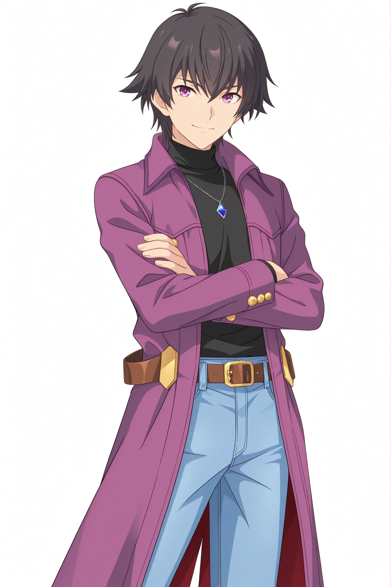 score_9, score_8_up, score_7_up, best quality, masterpiece, source_anime, anime coloring, Hair high revolution, anime screenshot style, official art uma musume, Detailed eyes, Perfect eyes, good eyes,
BREAK 
1boy, caelus black hair, purple eyes, Adult male,  Handsome male, best quality, amazing quality, very aesthetic, vivid colors, anime 3D CGI style, From top to thigh, standing, White background, simple background, smile, From front, Hair to neck,  jewelry, brown belt, purple coat, denim, pants, jeans, necklace, turtleneck, pendant, crossed arms
