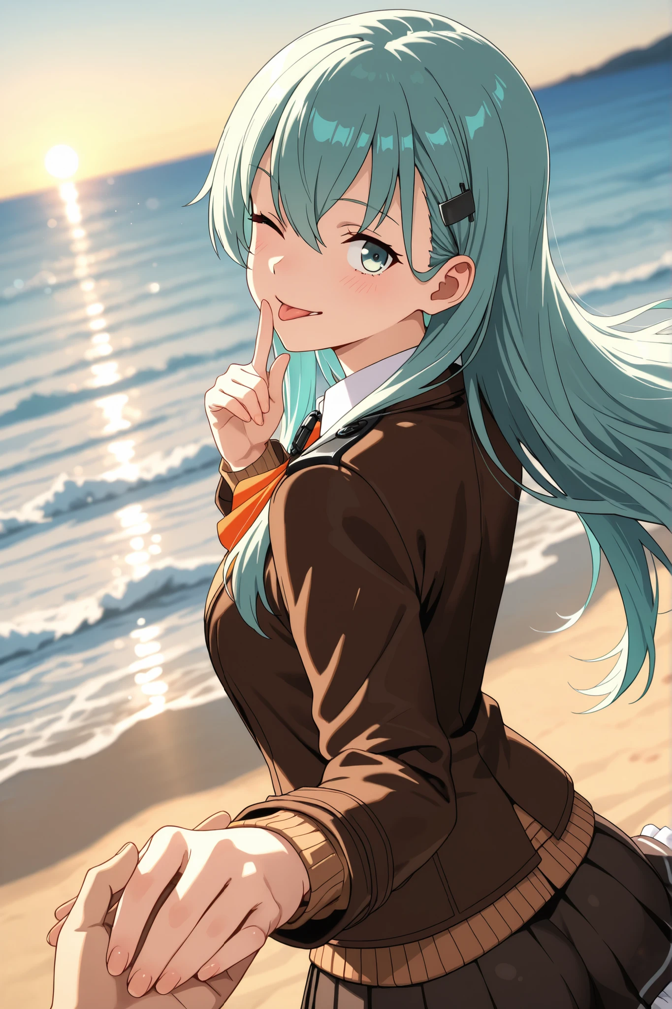 8K,HDR,masterpiece,best quality, high quality,amazing quality,highres, absurdres, newest,unity 8k wallpaper, game cg, ultra delicate hair,ultra delicate eyes,ultra delicate face,super fine illustration,high resolution,(anime screencap:1),(anime coloring:1),(anime style:1),highly detailed illustrations,perfect eyes,detail1eye,well-defined fingers,(perfect anatomy:1), (perfect fingers,five fingers:1),from behind,ass,shallow depth of field,dutch angle,(upper body:1.1),
dynamic perspective,
lycorecostyle,
BREAK
1girl,solo,"suzuya_kai_ni_(kancolle) \(kantai_collection\)",long hair,aqua hair,hairclip,aqua eyes,
brown jacket and pleated skirt, frilled skirt, replaced by a open brown cardigan with a lighter brown vest,orange ascot,
BREAK
looking back, light blush,(grin:0.8), gentle smile,wink,(pulling down lower eyelid with finger tip, sticking out tongue:1.1),(girl holding hands,five fingers,POV:1.1),wind,floating hair,
BREAK outdoors,morning light,open ocean horizon, endless deep‑blue expanse, low swell lines, distant clear horizon,wet sandy beach at ebb, mirror‑like sheen reflecting sky, shallow retreating water film,soft lighting