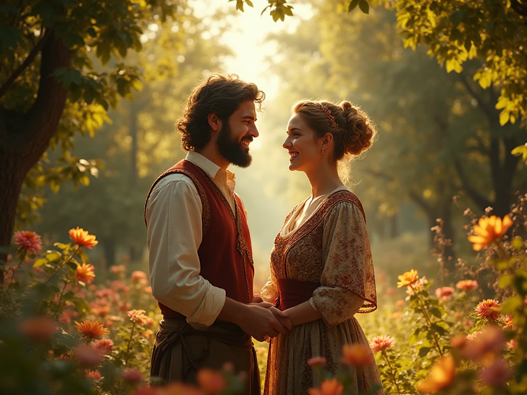 Couple in love from 1810 in countryside of England, England. Beautiful woman with ginger hair, white DRESS. Tall handsome man with brunette hair and blue eyes