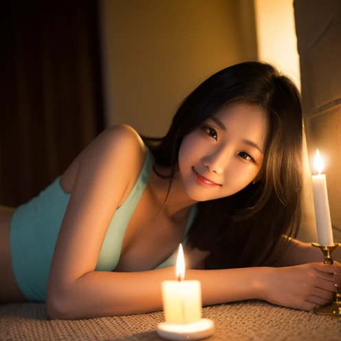 (femele:1.2) 30s with , (Relaxing:1.2) Lingerie on bed。 The artwork is、Top quality and highly detailed renderings should be showcased. The expression and posture of the woman are、It is necessary to evoke a feeling of relaxation and self-love. Her expression was (Smiling:1.1) staring directly into camera. The scene is set in the bedroom (romantic:1.1) Lighting, Placing flowers and candles on the bedside table.