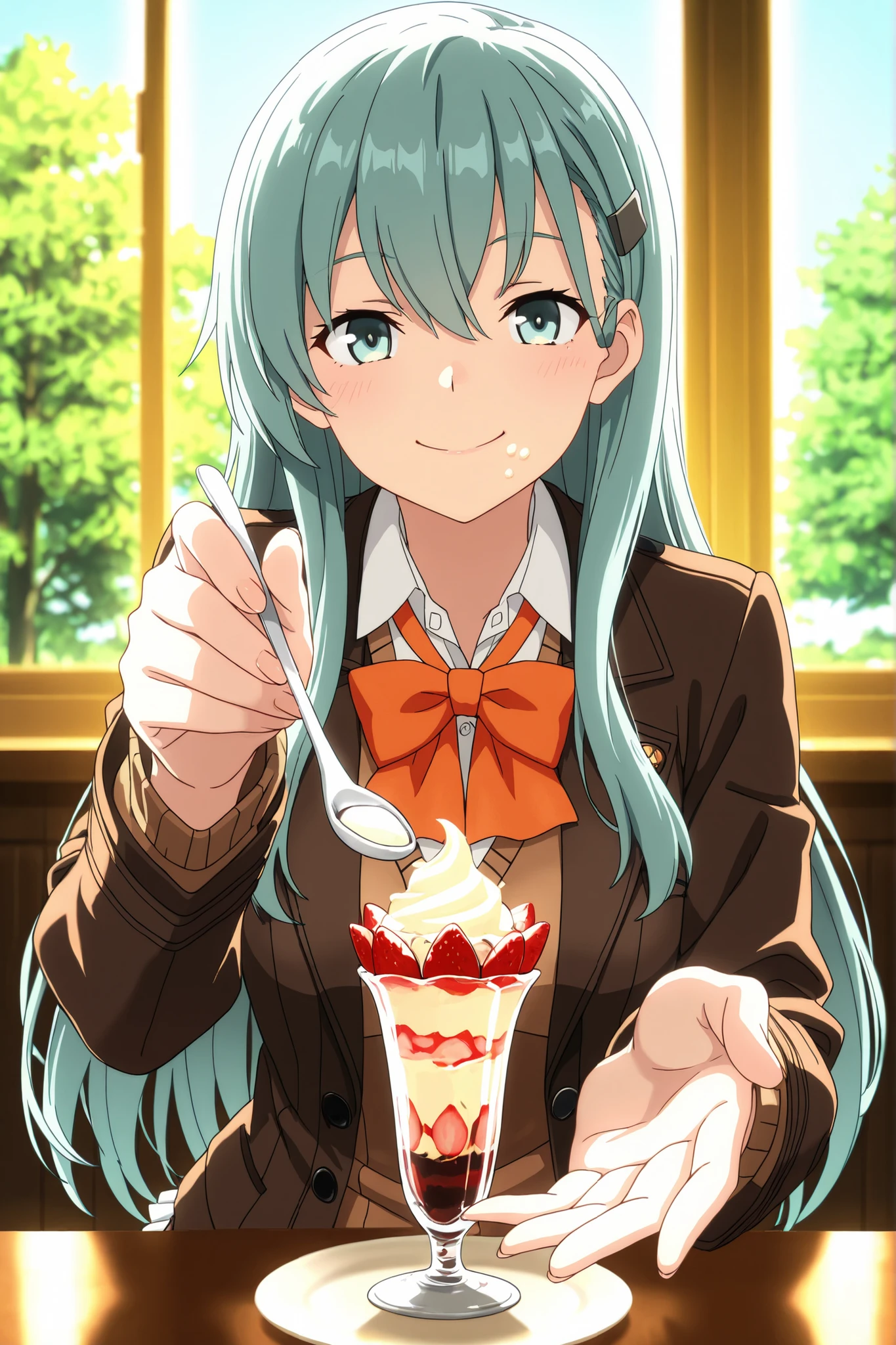 8K,HDR,masterpiece,best quality, high quality,amazing quality,highres, absurdres, newest,unity 8k wallpaper, game cg, ultra delicate hair,ultra delicate eyes,ultra delicate face,super fine illustration,high resolution,(anime screencap:1),(anime coloring:1),(anime style:1),highly detailed illustrations,perfect eyes,detail1eye,well-defined fingers,(perfect anatomy:1), (perfect fingers,five fingers:1),upper body,(face close up:1.2),cinematic angle,
lycorecostyle,
BREAK
1girl,solo,"suzuya_kai_ni_(kancolle) \(kantai_collection\)",long hair,aqua hair,hairclip,aqua eyes,
brown jacket and pleated skirt, frilled skirt,replaced by a open brown cardigan with a lighter brown vest,orange ascot,
BREAK
eating a parfait in a cafeteria,(reaching towards viewer with spoon, holding spoon, incoming spoon,five fingers, foreshortening:1.2), smiling ,joyful,(tareme:0.6),sitting,
BREAK
indoor,green tree,afternoon,sunlight,warm lighting,blue sky,window,table,peaceful atmosphere