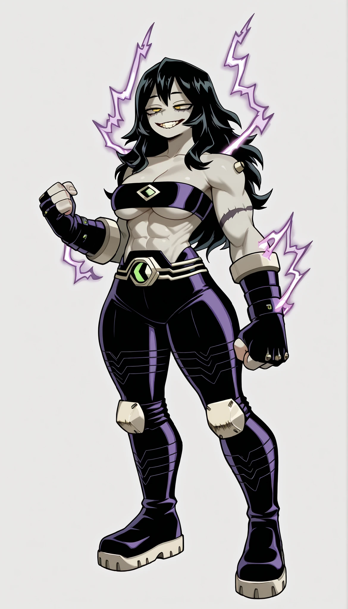 ((Highest Quality)), ((Simple Light Grey Background)), (My Hero Academia style), standing, 1female, female, mature female, mature woman, solo, muscular body, athletic body, Toned body, thick body, standing, Full body, ((medium breast)), wide hips, Thighs, wide shins, abs, inhuman creature, inhuman frankenstrike monster, inhuman frankenstrike monster creature, inhuman monster creature, inhuman frankenstrike form, inhuman frankenstrike monster, inhuman monster form, inhuman form, frankenstrike form, frankenstrike monster, frankenstrike creature, evil grin, evil face, Evil expression, ((four eyes)), yellow eyes, Half-closed eyes, Evil look, grey skin, grey-skinned, grey-skinned female, (strapless black top tube), (tight leather top tube), ((midriff)), (tight black cargo pants tucked in boots), (black leather ankle boots), covered legs, covered feet, footwear, ((metal knee pads)), (black gloves), (fingerless gloves), ((metal bolts on body)), (black hair), (long hair), (curved hir tips), (lightly wavy hair), purple lightning power aura effect, purple lightning power aura, purple lightning power effect, purple lightning aura, purple lightning effect, lightning power effect, lightning power aura, lightning aura effect, lightning aura, lightning power, lightning effect, purple lightning, (underboob), (Cleavage), (highleg thong), (clenched fist),
