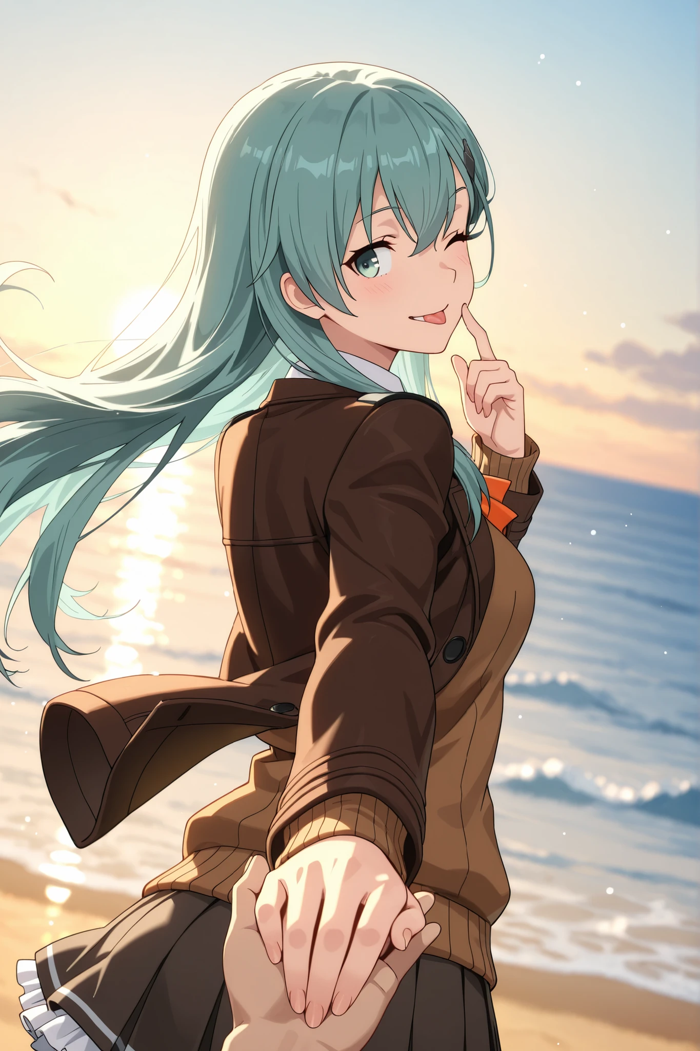 8K,HDR,masterpiece,best quality, high quality,amazing quality,highres, absurdres, newest,unity 8k wallpaper, game cg, ultra delicate hair,ultra delicate eyes,ultra delicate face,super fine illustration,high resolution,(anime screencap:1),(anime coloring:1),(anime style:1),highly detailed illustrations,perfect eyes,detail1eye,well-defined fingers,(perfect anatomy:1), (perfect fingers,five fingers:1),from behind,ass,shallow depth of field,dutch angle,(upper body:1.1),
dynamic perspective,
lycorecostyle,
BREAK
1girl,solo,"suzuya_kai_ni_(kancolle) \(kantai_collection\)",long hair,aqua hair,hairclip,aqua eyes,
brown jacket and pleated skirt, frilled skirt, replaced by a open brown cardigan with a lighter brown vest,orange ascot,
BREAK
looking back, light blush,(grin:0.8), gentle smile,wink,(pulling down lower eyelid with finger tip, sticking out tongue:1.1),(girl holding hands,five fingers,POV:1.1),wind,floating hair,
BREAK outdoors,morning light,open ocean horizon, endless deep‑blue expanse, low swell lines, distant clear horizon,wet sandy beach at ebb, mirror‑like sheen reflecting sky, shallow retreating water film,soft lighting