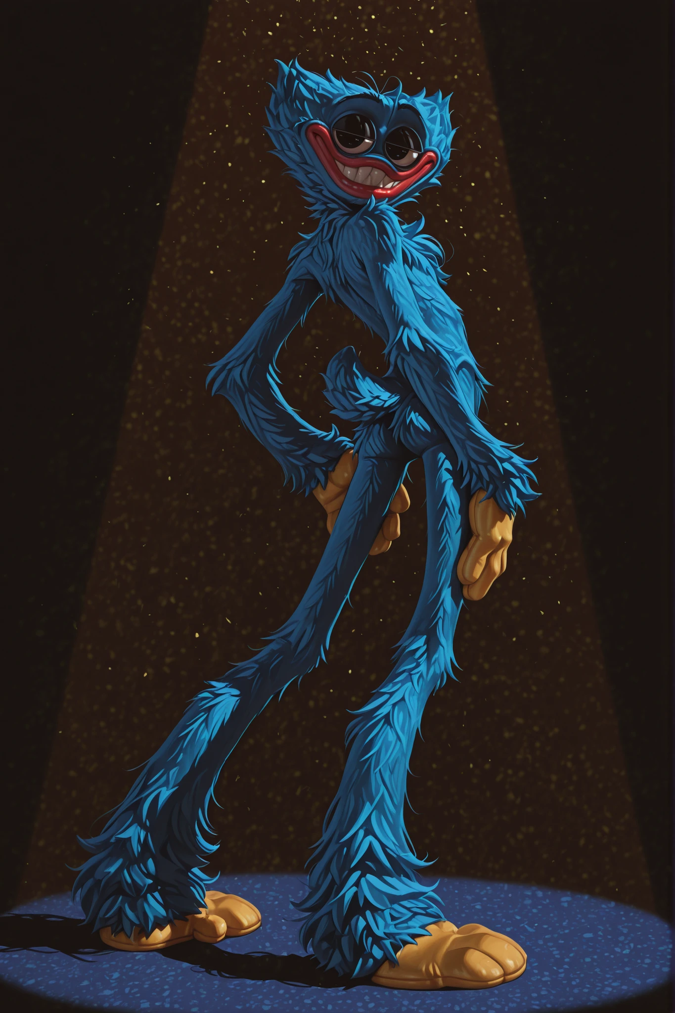 solo, 1boy, male, huggy_wuggy, huggy wuggy, blue fur, yellow hands, yellow feet, handfeet, lanky, red lips, black eyes, very large eyes, half-closed eyes, eye bags, fluffy body fur, fluffy, broad shoulders, blue body, narrow waist, long arms,  tuft, shoulder tuft, masterpiece, ultra detailed, camera raw, photorealistic, absurdres, perfect quality, amazing quality, highres, full body, (hip focus, one hip cocked, hip sway, cocked hip:1.2), hands on own , tall, short tail, looking at viewer, half-closed eyes, parted lips, teeth, smile, smug, , looking back, flat , abstract background, perfect lighting, colorful, shadow, primary colors, deuzi0n, twink, shadow, spotlight,