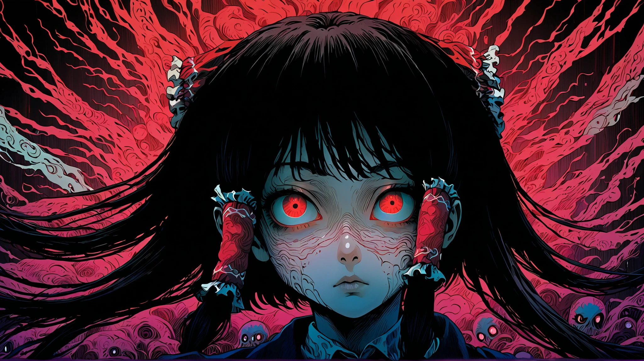 東方、博麗霊夢、surreal horror, anime style, directed by Junji Ito, high contrast, vivid colors, eerie atmosphere, psychological tension, intricate line work, nightmarish creatures