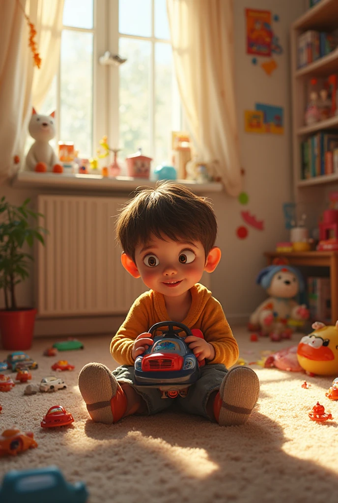 boy,playing with toys,1980s,vintage,retro,nostalgic,warm tones,soft lighting,film grain,detailed facial features,curly hair,bright smile,cozy living room,1980s decor,wooden floor,family portrait,natural light,photorealistic,highly detailed,professional photography,Kodak Portra