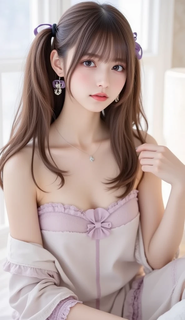 purple lace &Good, (((Very elegant and beautiful, Perfect detail, Super detailed))), whole body, The most detailed girl, Depth of written boundary, 美しく詳細なwhole body, Thin legs, 1 girl, 30 years old, Very short hair, Spiked Hair, Gray and silver hair, Beautiful detailed hair, Perfect Face, Expressionless, Beautifully detailed deep eyes, Open your mouth a little, Delicate arms and hands, Pale skin, Earrings, Beautiful and gorgeous necklace, Colorful background, HD background, Blurred Background, Very delicate and beautiful, Masterpiece, (((Highest quality, Very beautiful 8K CG wallpaper))), (((Trendy hairstyles))), (Inside the room,Stylish interior,window),