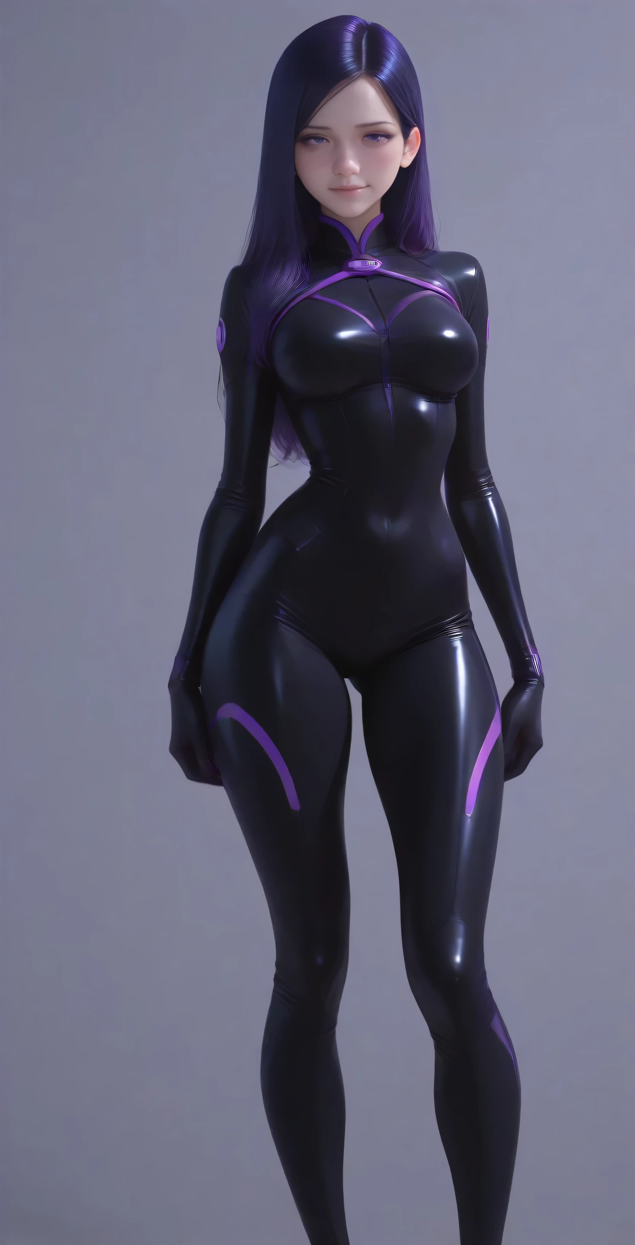 (the best quality: 1.4), (pretty face), Violet pair. Long dark purple hair with highlights, (purple eyes: 1.2) short height,  light smile. Simple Background. clear light. She wears a black latex bodysuit with purple tron legacy LED lights . ((wide hip, wide thighs and legs)), looking away. Masterpiece. Higher quality. Photo RAW. ultra detailed. extreme attention to detail.  anime desktop . dynamic shadows.  absurd . intricate details. High quality CG Unity 16K wallpaper. [Alone: 2.5]. [varied poses]