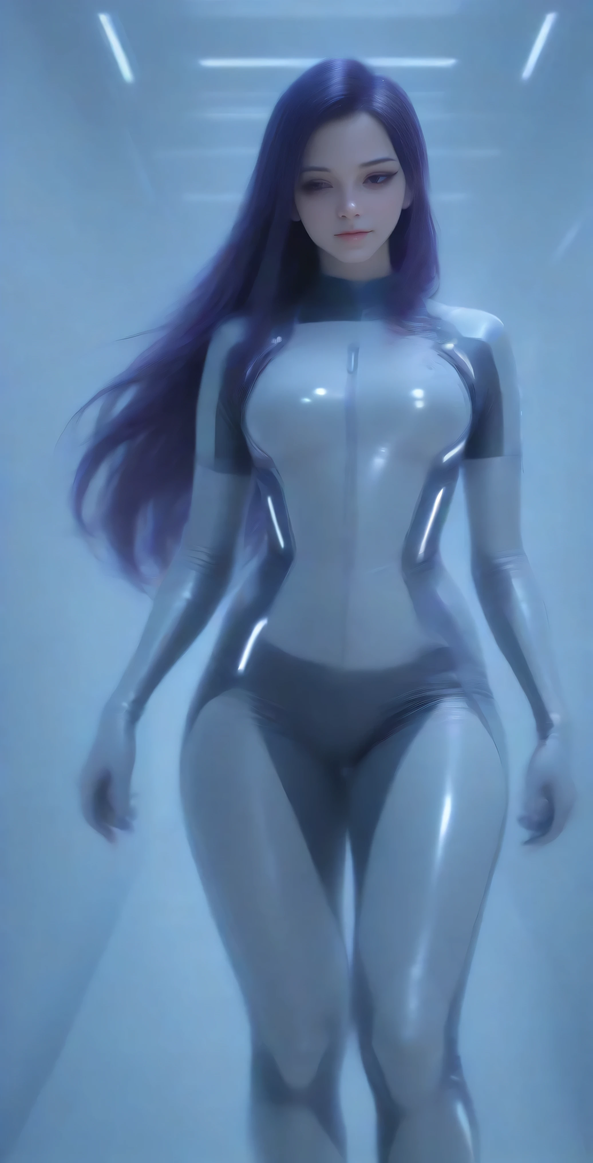(the best quality: 1.4), (pretty face), Purple pair. Long dark purple hair with highlights, (purple eyes: 1.2) short height,  light smile. simple background. clear light. She wears a black latex bodysuit inspired by Tron Legacy, with bright purple neon lines. ((wide hip, wide thighs and legs)), looking away. Masterpiece. Higher quality. Photo RAW. ultra detailed. extreme attention to detail.  Anime desktop . dynamic shadows.  absurd . intricate details. High quality CG Unity 16K wallpaper. [Alone: 2.5]. [varied poses]