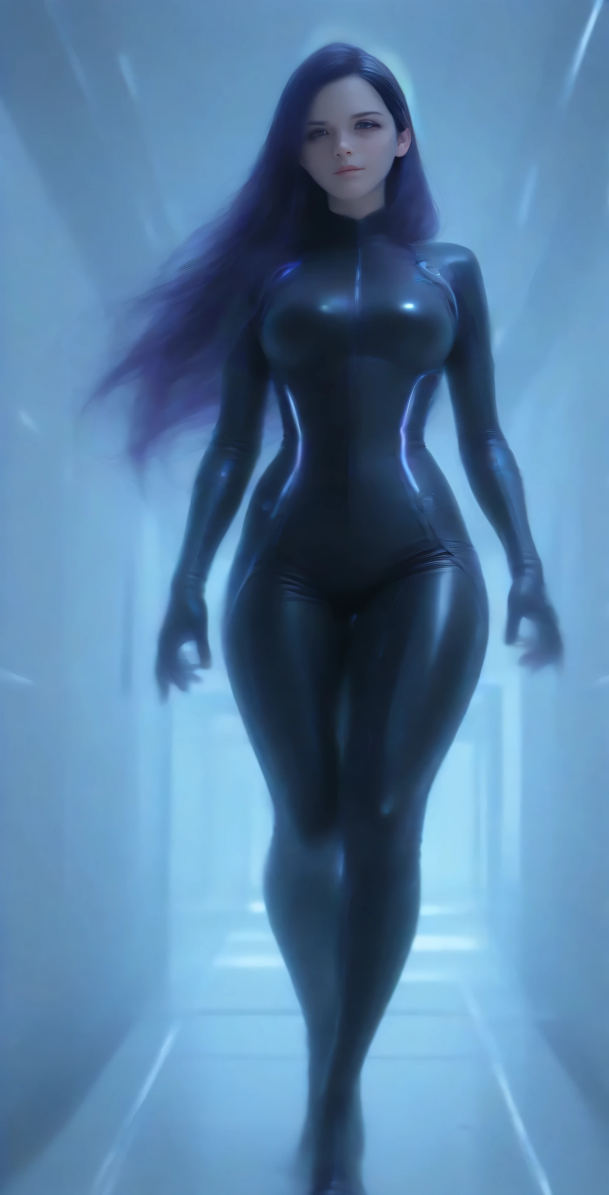 (the best quality: 1.4), (pretty face), Pair purple. Long dark purple hair with highlights, (purple eyes: 1.2) short height,  light smile. simple background. clear light. She wears a black latex bodysuit inspired by Tron Legacy, with bright purple neon lines. ((wide hip, wide thighs and legs)), looking away. Masterpiece. Higher quality. Photo RAW. ultra detailed. extreme attention to detail.  Anime desktop . dynamic shadows.  absurd . intricate details. High quality CG Unity 16K wallpaper. [Alone: 2.5]. [varied poses]