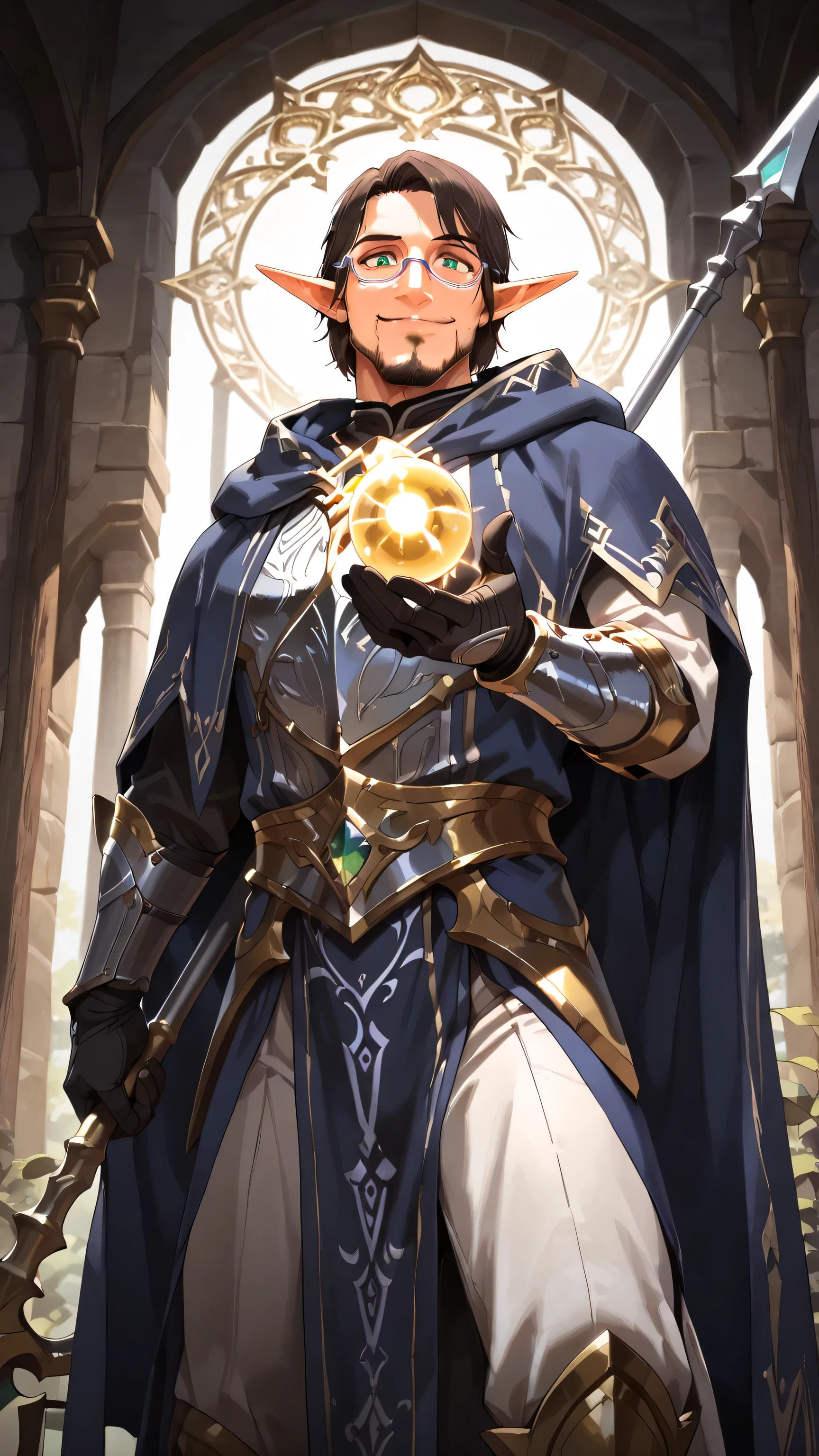 masterpiece, ultra-detailed, best quality, (1 boy, solo, male elf, ethereal warrior mage, (silver eyeglasses, small eyeglasses), emerald eyes, confident smile, (right hand holding a spear, detailed hand wrapping around wooden spear shaft, ornate spear with golden trims, silver spear point, spear standing next to character, spear pointing upwards), (left hand open palm, left hand with golden-glowing light ball hovering over it, magical glowing orb), lightweight enchanted armor, dark blue flowing hooded cloak with mystical runes, brown hair, sharp facial features, ((facial hair), no beard on jawline), elegant battle stance ), magical elven tower, dynamic combat pose, soft cold lighting, fantasy setting, fantasy art style, detailed close up on mid and upper body focus from knees upward, clear view from knees upward, looking at viewer