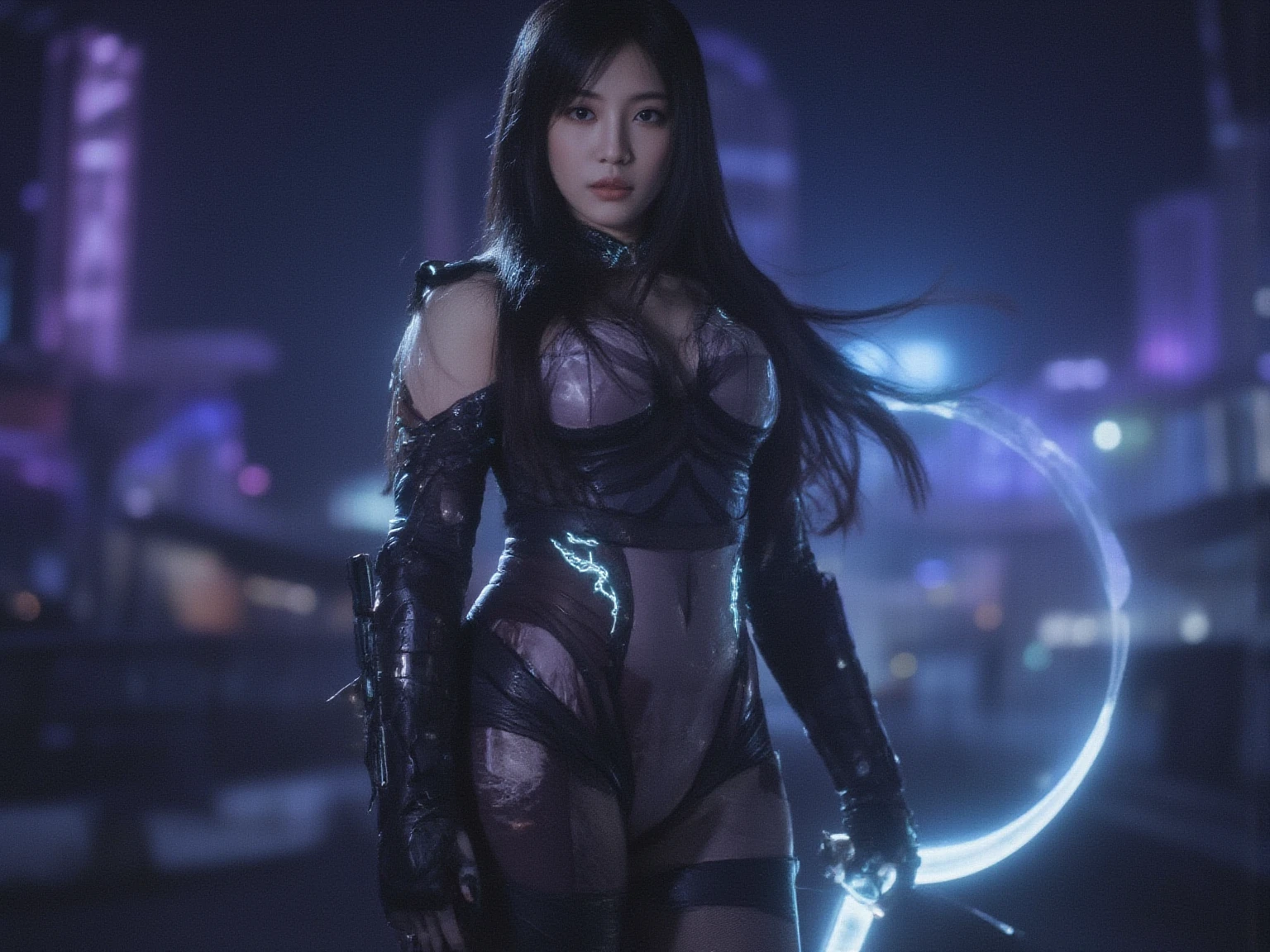 Elizabeth Olsen, 1girl, solo, full body, long hair, breasts, busty, looking at viewer, brown hair, black hair, cleavage,  scarlet dress, red dress, scarlet witch headband, translucent, high side slit, show thigh, long black boots floating, legs straight down, multicolored hair, lips, realistic, glowing eyes, Hyperrealism, glowing light, ray tracing, backlighting, bokeh, f/1.2, Canon, best quality, anatomically correct, high details, super detail, high quality, best quality, 16k