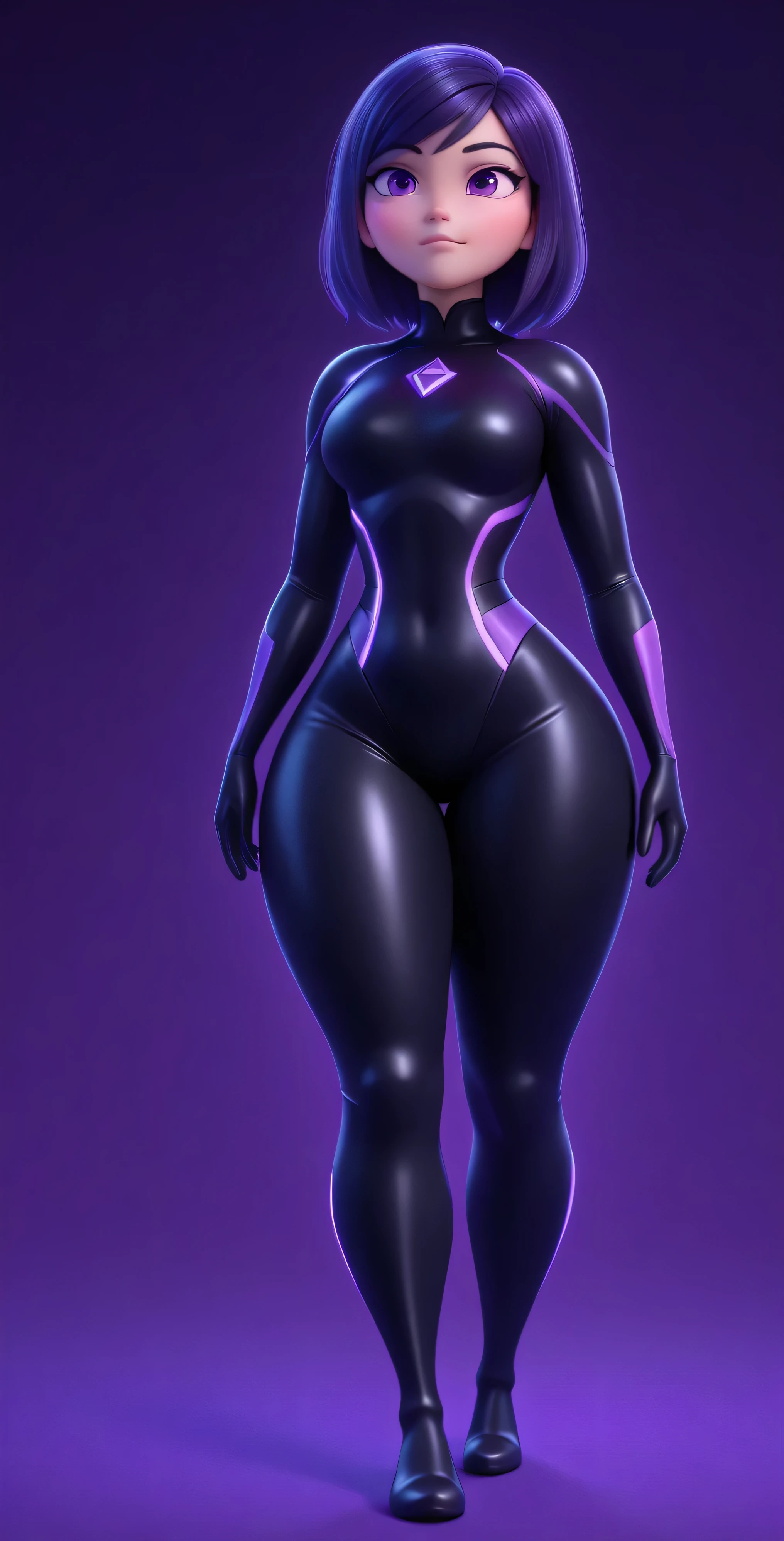 (the best quality: 1.4), (pretty face), [Violet pair]. Long dark purple hair with highlights, (purple eyes: 1.2) short height,  light smile. simple background. clear light. She wears a black latex bodysuit inspired by Tron Legacy, with bright purple neon lines. ((pechos grandes 1.5.  wide hip, wide thighs and legs)), looking away. Masterpiece. Higher quality. Photo RAW. ultra detailed. extreme attention to detail.  Anime desktop . dynamic shadows.  absurd . intricate details. High quality CG Unity 16K wallpaper. [Alone: 2.5].