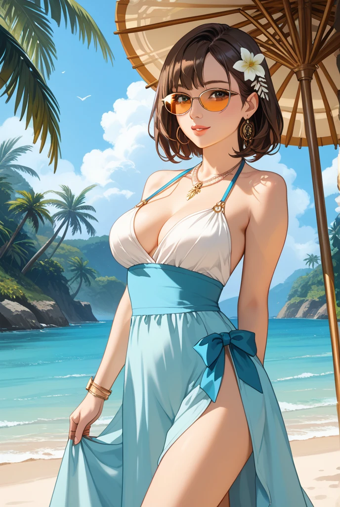 <lora:MrsAhn_pony_v1:.8> MrsAhn, 1girl, solo,  mature female, brown hair, large breasts, brown eyes, single hair bun,, lipstick,eyeshadow, cowboy shot,, wearing a bikini, wearing a floral pattern skirt, at a tropical beach, (sunlight), palm trees, flying birds, radiant light, ray tracing, optical flare, sunglare, perfect face, perfect eyes, sharp focus, big breasts