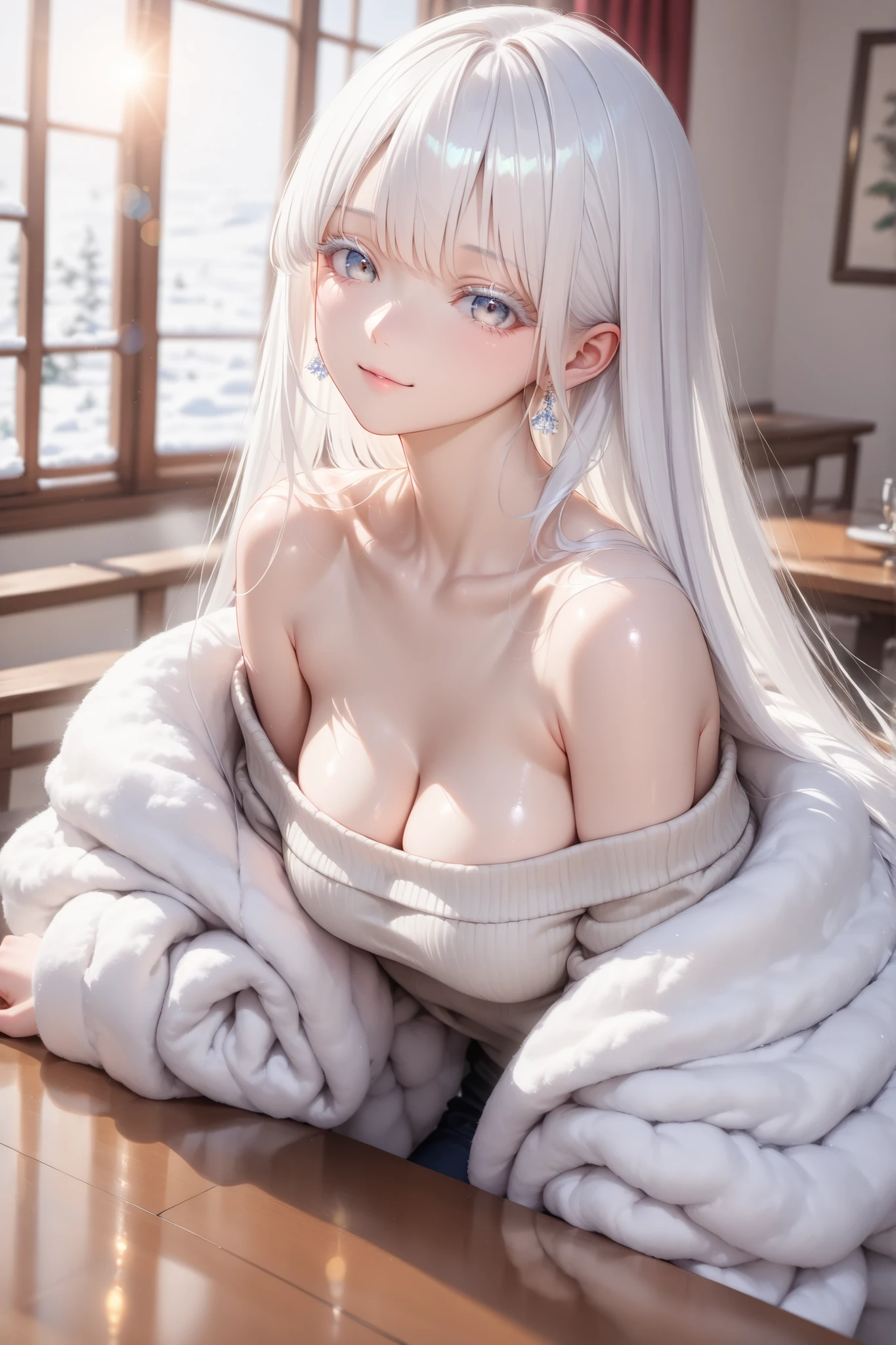 ((masterpiece:1.5、8k、table top、Portrait、very detailedなCG、particle effect、dynamic effects、Drawing Boundary Depth、 cinematic lighting 、lens flare、ray tracing、table topをつまむ、ultra high res:1.2))((solo、,A girl wearing a white fur coat over a off shoulder sweater:1.4、cute pose、White hair, white eyelashes、 girl、detailed face、 Bright表情、younger, Bright, Whiter skin, Between small and medium breasts、great appearance、ultimate beauty、Bright and shiny hair,、Super Long, Smooth, straight hair、Hair Fluttering in the Wind))(、Snow wearing a white fur coat over an off-the-shoulder sweater )