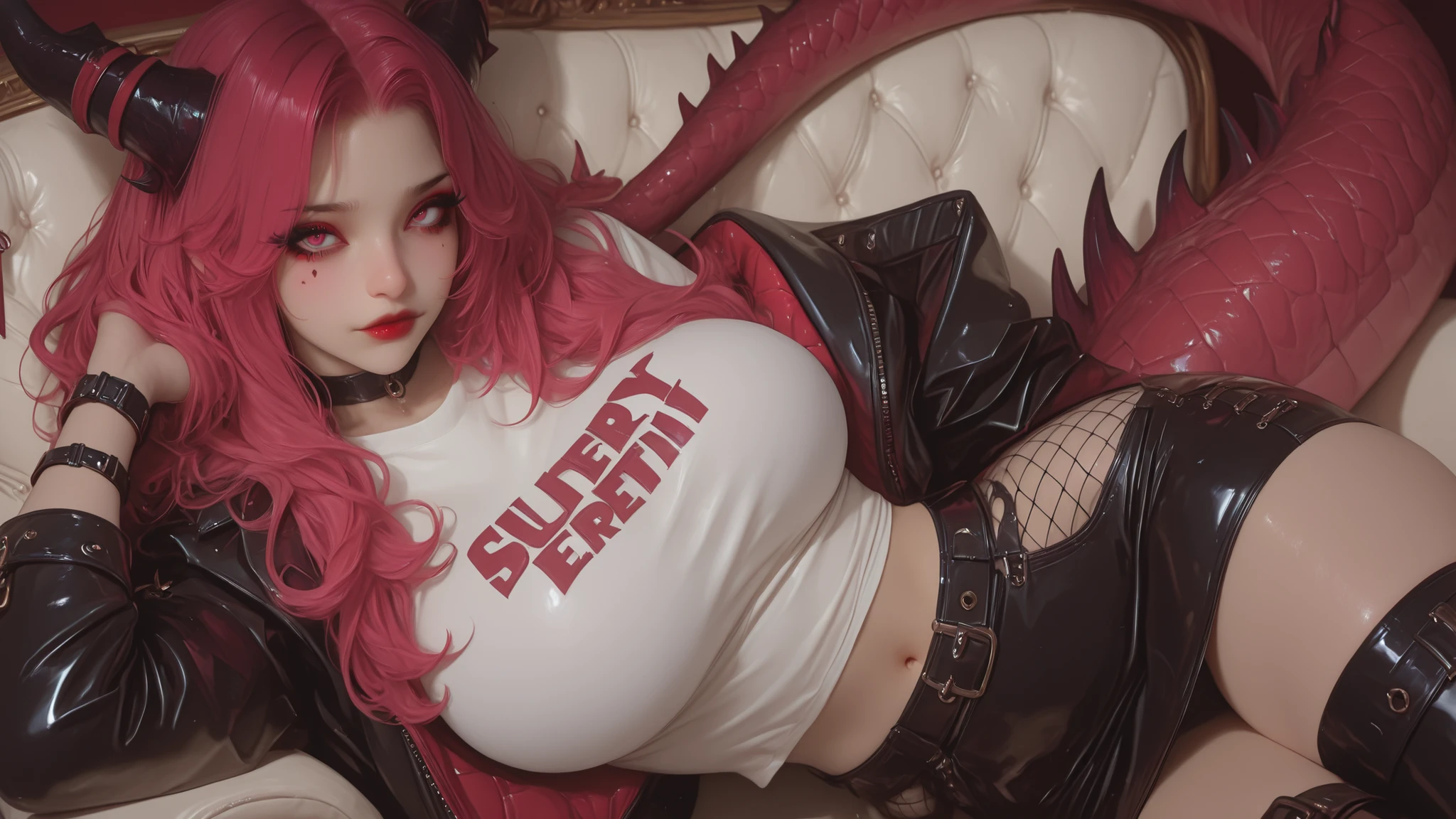 (solo),(Masterpiece , details:1 . 2) , source _reality , reality skin , 8k , greatest Masterpiece , top quality , slên er detailed), black eyeliner and red eyeshadow, sexy red lips, super realistic skin , women (dragon ) , big breast, HDR Jacket . Leather skirt , sexy , navel , Tail , beautiful horns, light colours , horn accessories in hair , Personalized bracelet , personalized vintage jewelry , white t-shirt , mesh bram skirt , leather skirt , eye detail , pink red face, white chair, chụp women a thân trên