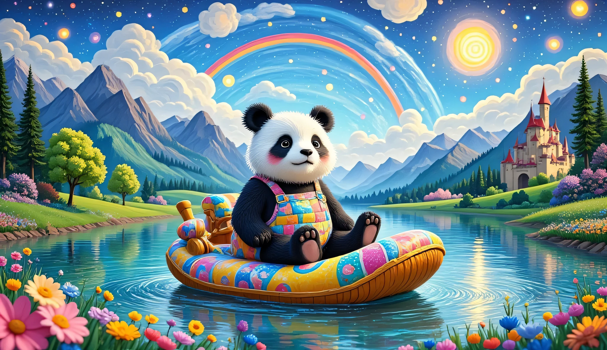 a panda anthropomorphic,Pushing a float , beautiful scenery