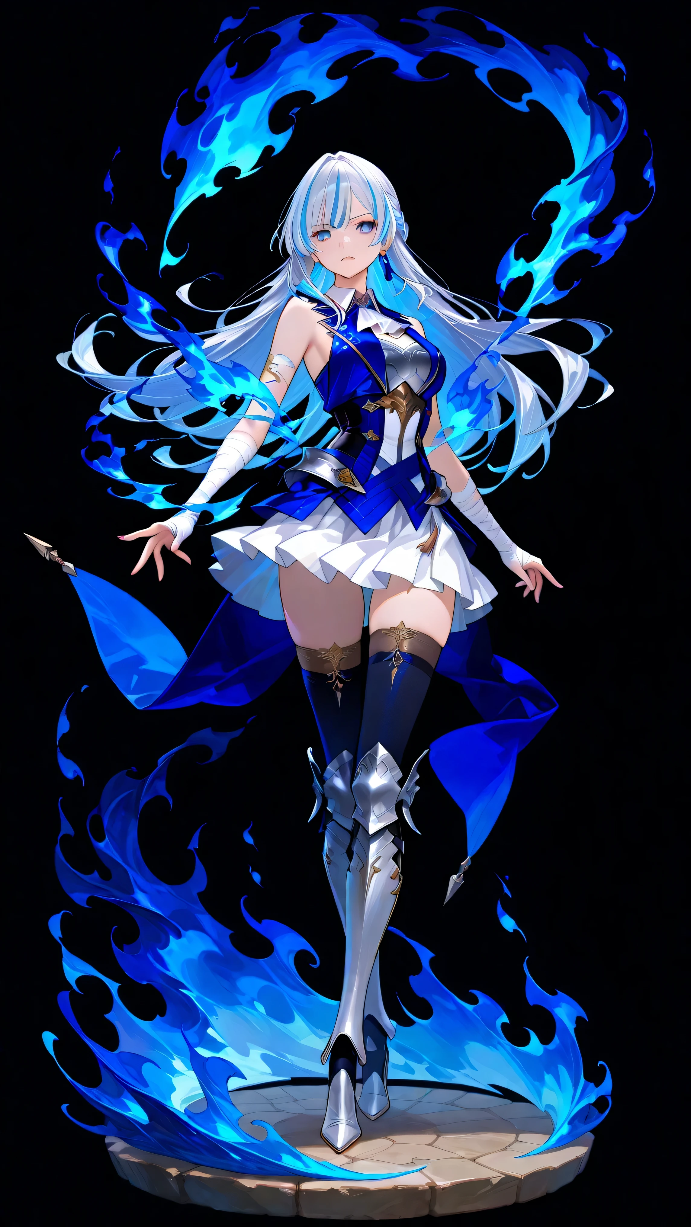 black background, 1girl, solo, masterpiece, female knight theme, beautiful woman with long silver hair, blue-streaked white hair, blue eyes and silky hair, long hair down, half up half down braid, white chest plate, wearing blue knightly attire, long blue sleeveless coat, white skirt which is partly hidden beneath the tight coat, decorated with golden details on her outfit, she also wears white bridal-handsock that wraps tight onto her entire arms, black stockings underneath shin guards, armored high heels, standing, highly detailed, anime illustration, add golden intricate details on her overall outfit, action pose, blue flames, pale flames, fiery blue flames, blazing blue flames, huge tall blue flames dancing around her, shirt collar, intense bloom