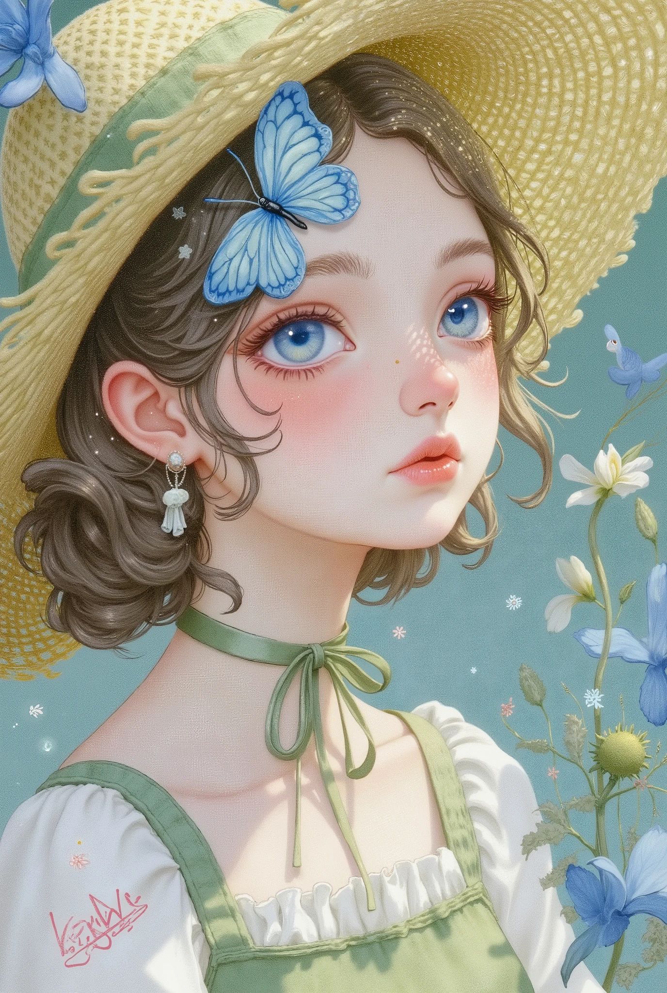 Fantastic watercolor painting ，shining，A blue butterfly in the girl's eyes