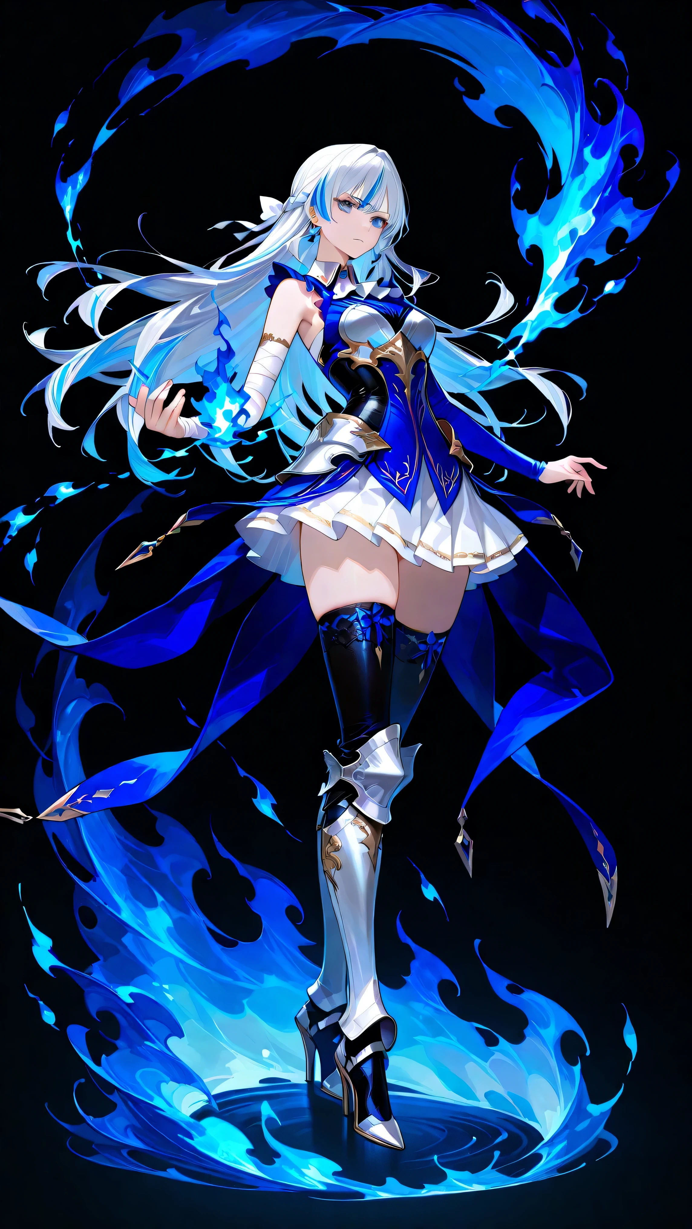 black background, 1girl, solo, masterpiece, female knight theme, beautiful woman with long silver hair, blue-streaked white hair, blue eyes and silky hair, long hair down, half up half down braid, white chest plate, wearing blue knightly attire, long blue sleeveless coat, white skirt which is partly hidden beneath the tight coat, decorated with golden details on her outfit, she also wears white bridal-handsock that wraps tight onto her entire arms, black stockings underneath shin guards, armored high heels, standing, highly detailed, anime illustration, add golden intricate details on her overall outfit, action pose, blue flames, pale flames, fiery blue flames, blazing blue flames, huge tall blue flames dancing around her, shirt collar, intense bloom