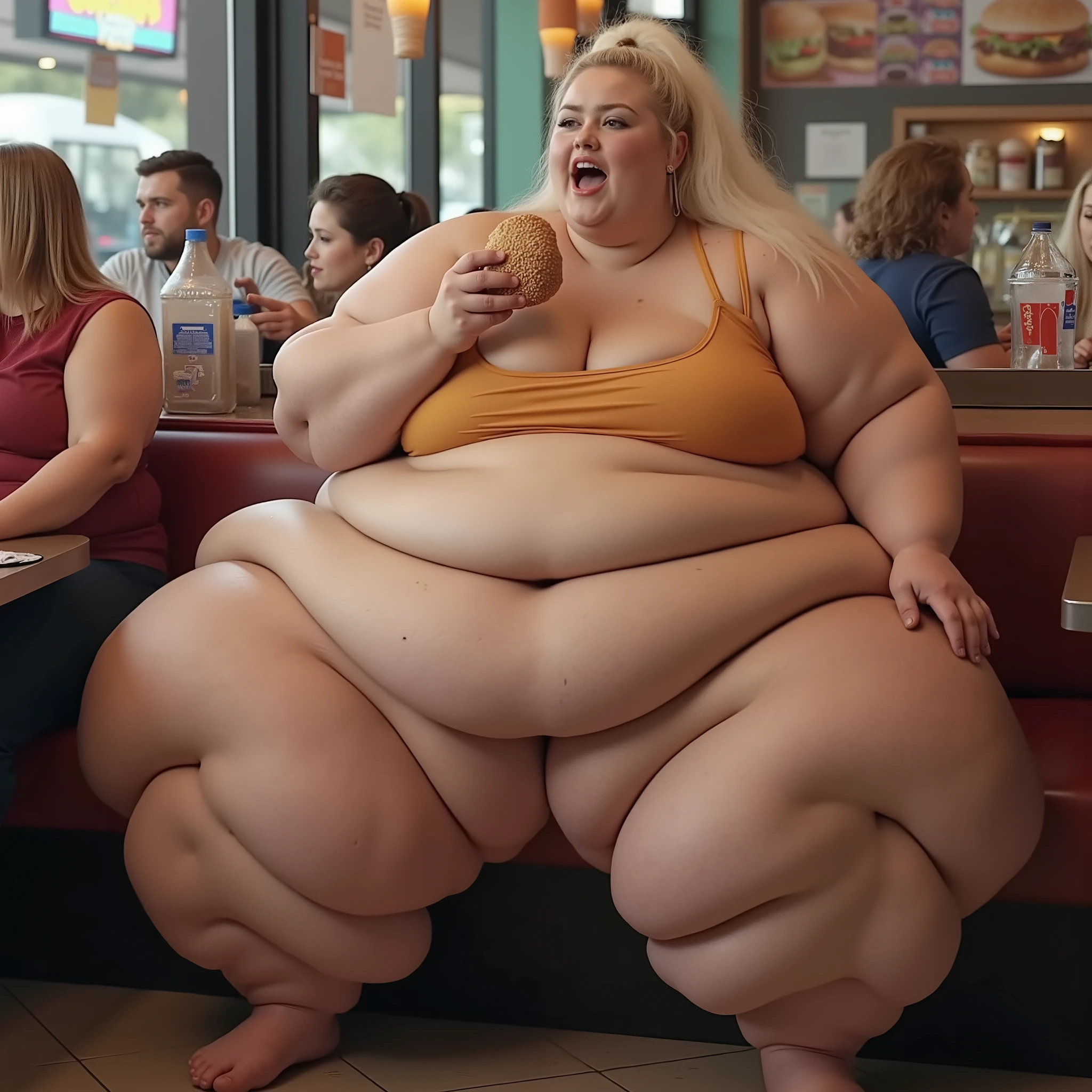 A highly detailed photorealistic photo of the most extremely mORBIDLY OBESE, impossibly PLUS-SIZED woman, hyper USSBBW, beautiful teenage woman imaginable sitting in a full body shot. She is a ultra-morbidly obese hyper USSBBW with fat rolls everywhere, weighing 1000lb, with a gigantic apron belly, enormous hips, monolithic thighs. She is american. Her body is smothered in dense fat with deep folds and dimples. She has gigantic sagging breasts. Her ass is an epic overhanging mass, colossal pendulous arms, multiple thick chins, bloated hands and feet. Her face is extremely beautiful, attractive and pretty, yet profoundly fat, with plump lips, pudgy cheeks, and youthful caucasian features, pale skin, beautiful long platinum blonde hair in high ponytail. She is wearing a tight crop top that is too small for her and exposes her stomach. She is in a crowded burger joint and is eating a burger. Ultra-photorealistic 8K, hyper-detailed skin with pores, cellulite, stretch marks, sweat; global illumination, shadows emphasizing fat depths, high dynamic range.