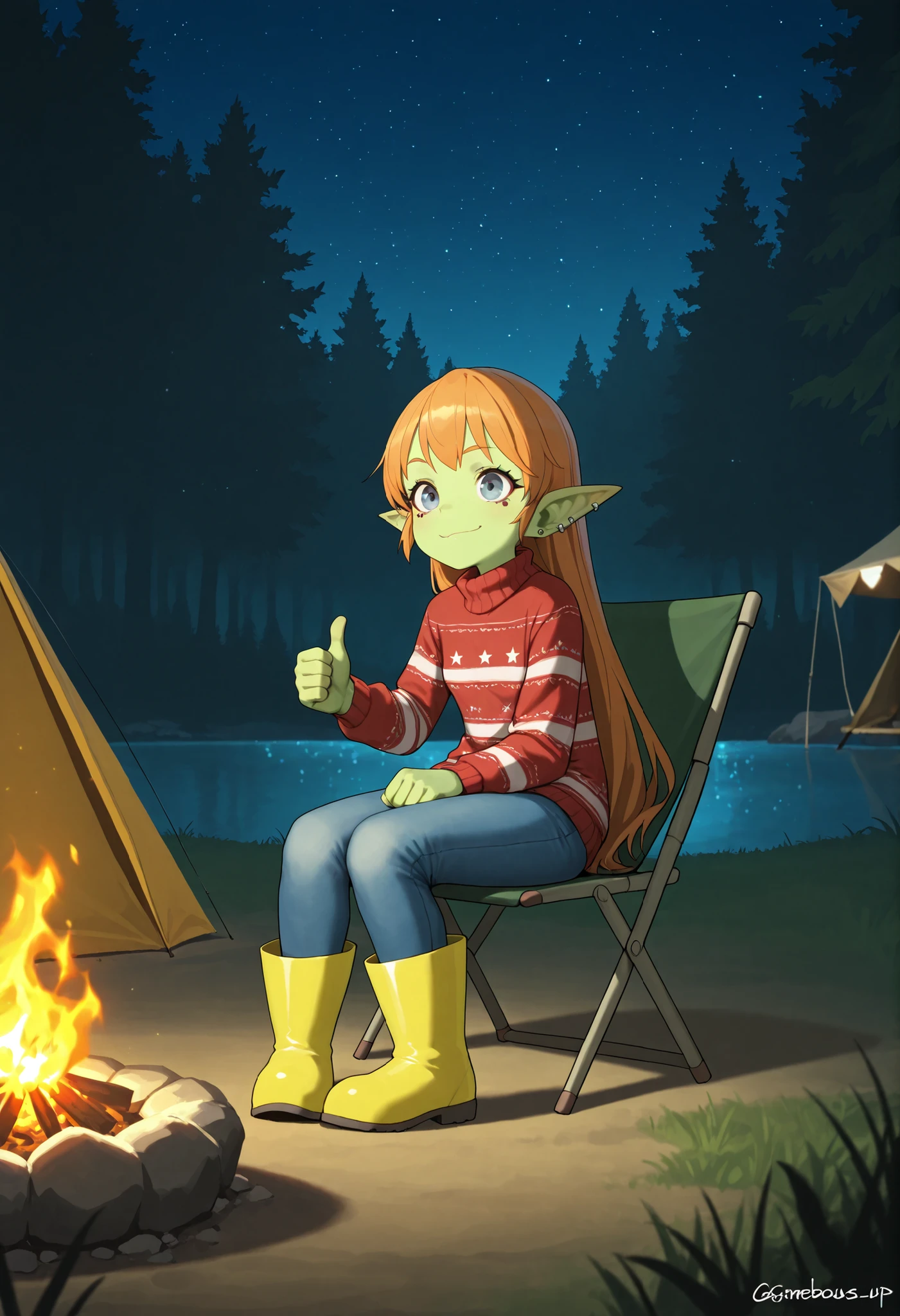 female punk, ginger, very long hair, grey blue eye , facial piercings, eye makeup, small breasts, meduim hips, (goblin girl:1.0) (shortstack:1.0) (green skin:1.0) (pointy ears:1.0) (wide hips:1.0)| cinematic film still score_9, score_8_up, score_7_up,source_anime, camping, tent, scenery, forest, lake, campfire, 1girl, sitting on camping chair, thumbs up, shallow depth of field, vignette, highly detailed, high budget, bokeh, cinemascope, moody, epic, gorgeous, film grain, grainy, night, star sky, knitted sweater. jeans, rubber boots