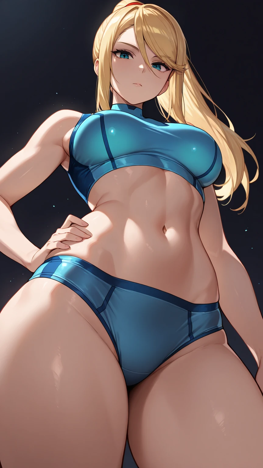 Very detailed、highest quality、Best image quality、masterpiece、8k、Anime Face、A kind smile、(Open your mouth:1.3)、Sparkling blue eyes、(Blonde medium hair:1.5)、(Muscles of the whole body:1.3)、(High leg:1.5)、Thigh belt、(High cut ??????:1.5)、(Cowboy Shot:1.5)、(SFW Giant)