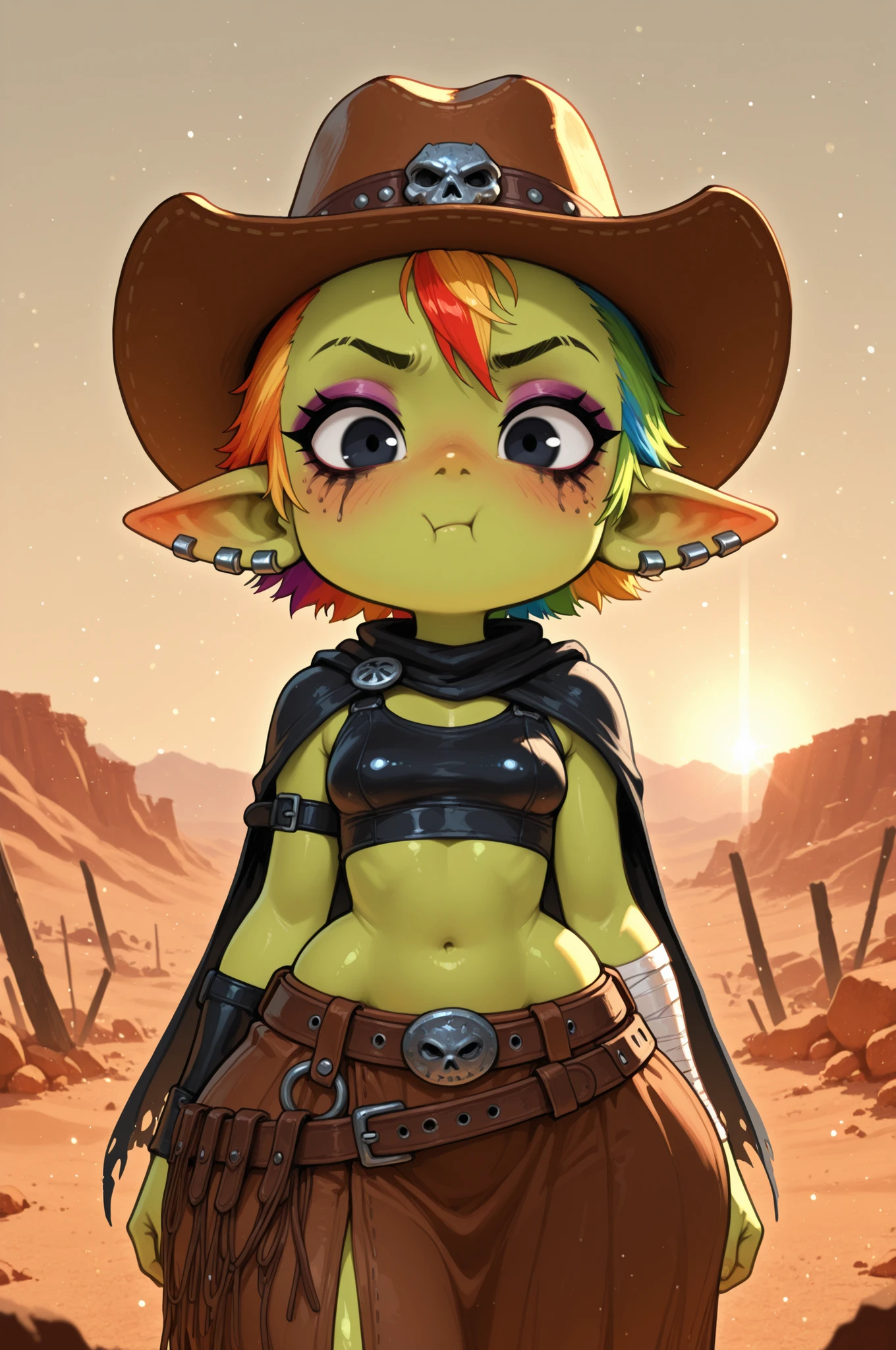female punk, rainbow colors hair, very short hair, black eye , facial piercings, eye makeup, small breasts, meduim hips, (goblin girl:1.0) (shortstack:1.0) (green skin:1.0) (pointy ears:1.0) (wide hips:1.0)| 1girl, solo, pouting, :t, straight-on, cowboy shot, chibi, desert,ruins,warrior lady of the wasteland, cowboy hat,blush,looking at viewer, cape, crop top, long skirt,bandaged arm, armor, belt, masterpiece,best quality,amazing quality,very aesthetic,absurdres,newest,scenery,extreme detail,8k,light particles,soft lighting,volumetric lighting,intricate details,finely detailed,detailed eyes, confused, insecure, appathy