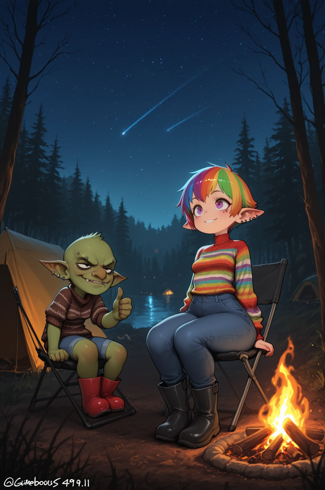 female punk, rainbow colors hair, very short hair, black eye , facial piercings, eye makeup, small breasts, meduim hips, (goblin girl:1.0) (shortstack:1.0) (green skin:1.0) (pointy ears:1.0) (wide hips:1.0)| cinematic film still score_9, score_8_up, score_7_up,source_anime, camping, tent, scenery, forest, lake, campfire, 1girl, sitting on camping chair, thumbs up, shallow depth of field, vignette, highly detailed, high budget, bokeh, cinemascope, moody, epic, gorgeous, film grain, grainy, night, star sky, knitted sweater. jeans, rubber boots